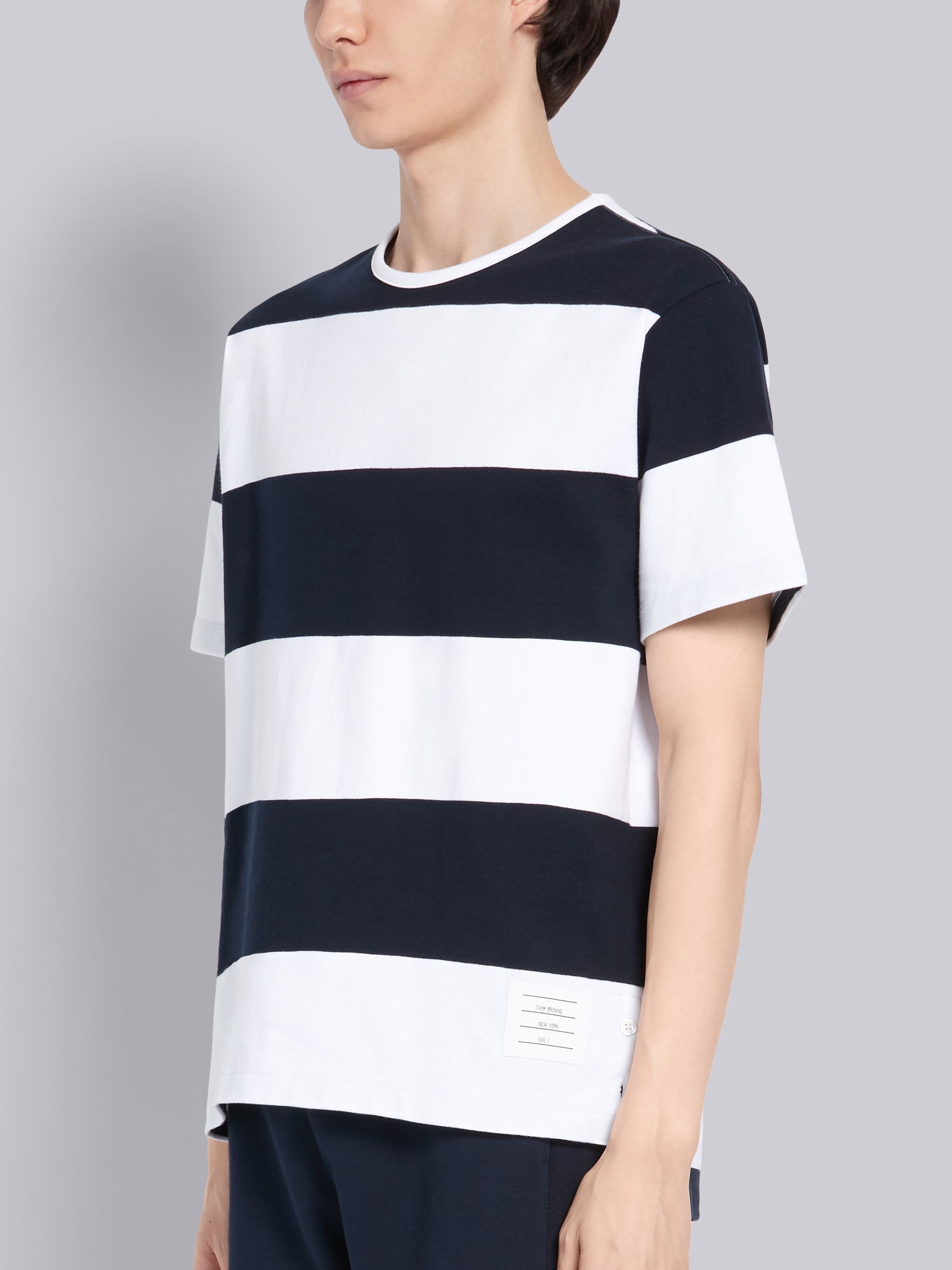 Navy Cotton Jersey Rugby Stripe Boxy Short Sleeve T-shirt - 2