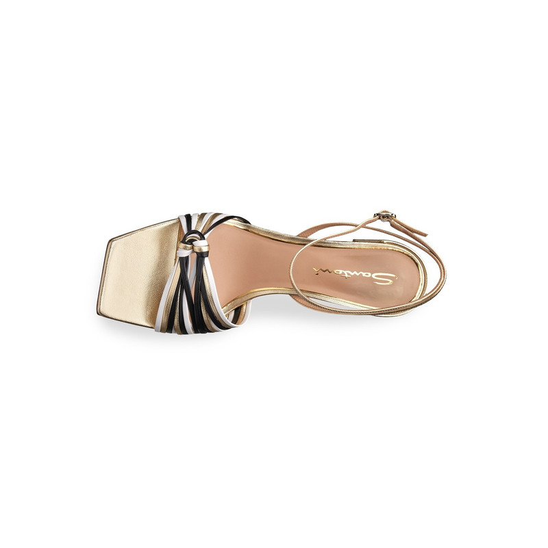 Women's gold, black and white leather mid-heel sandal 4