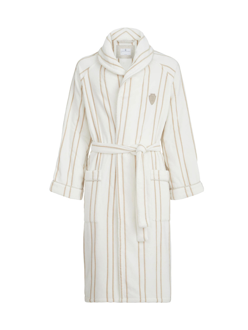 Women's Striped Cotton Terrycloth Bathrobe with Logo - Buff 1