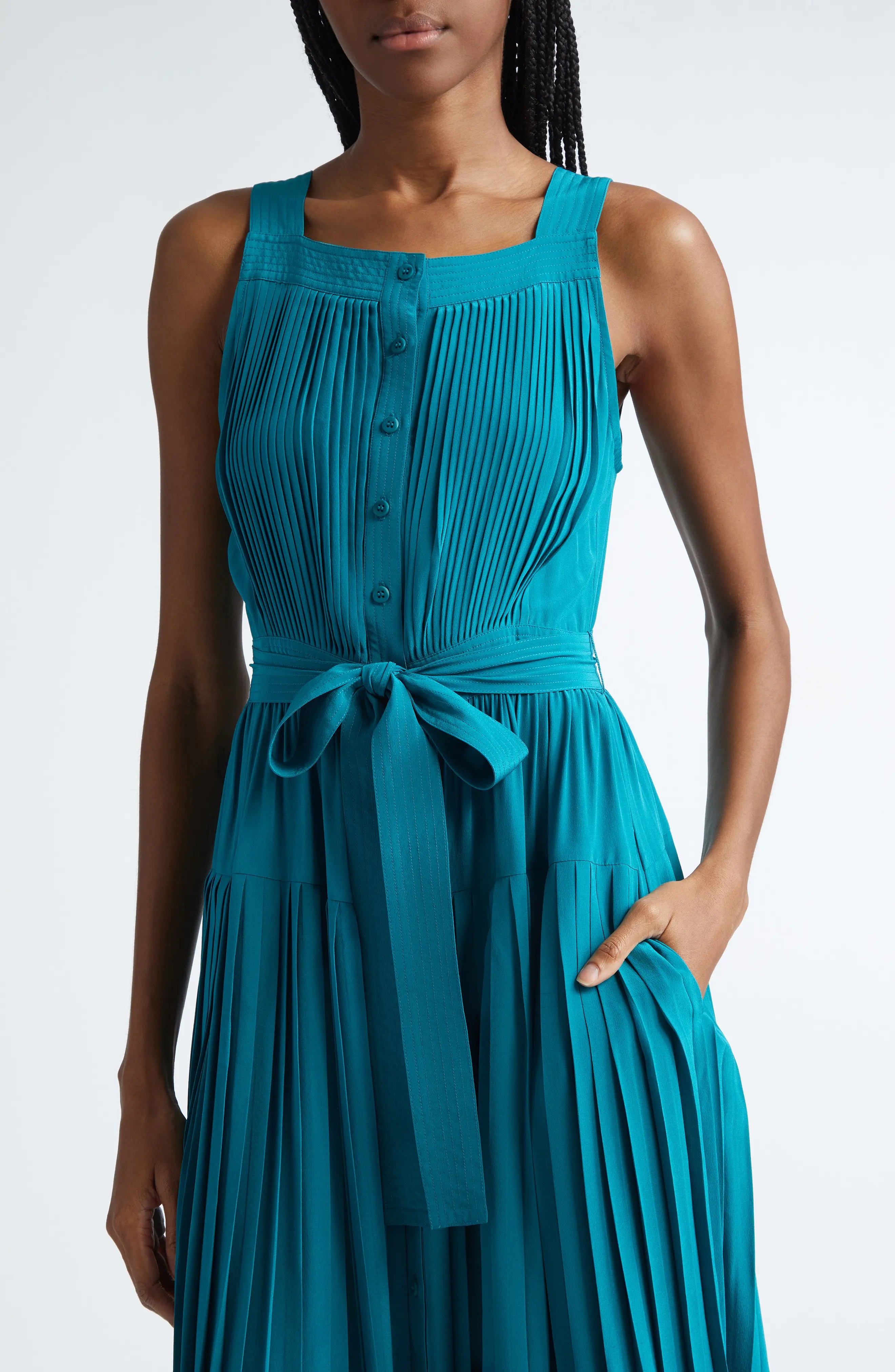 Annabeth Pleated Button Front Silk Maxi Dress - 4