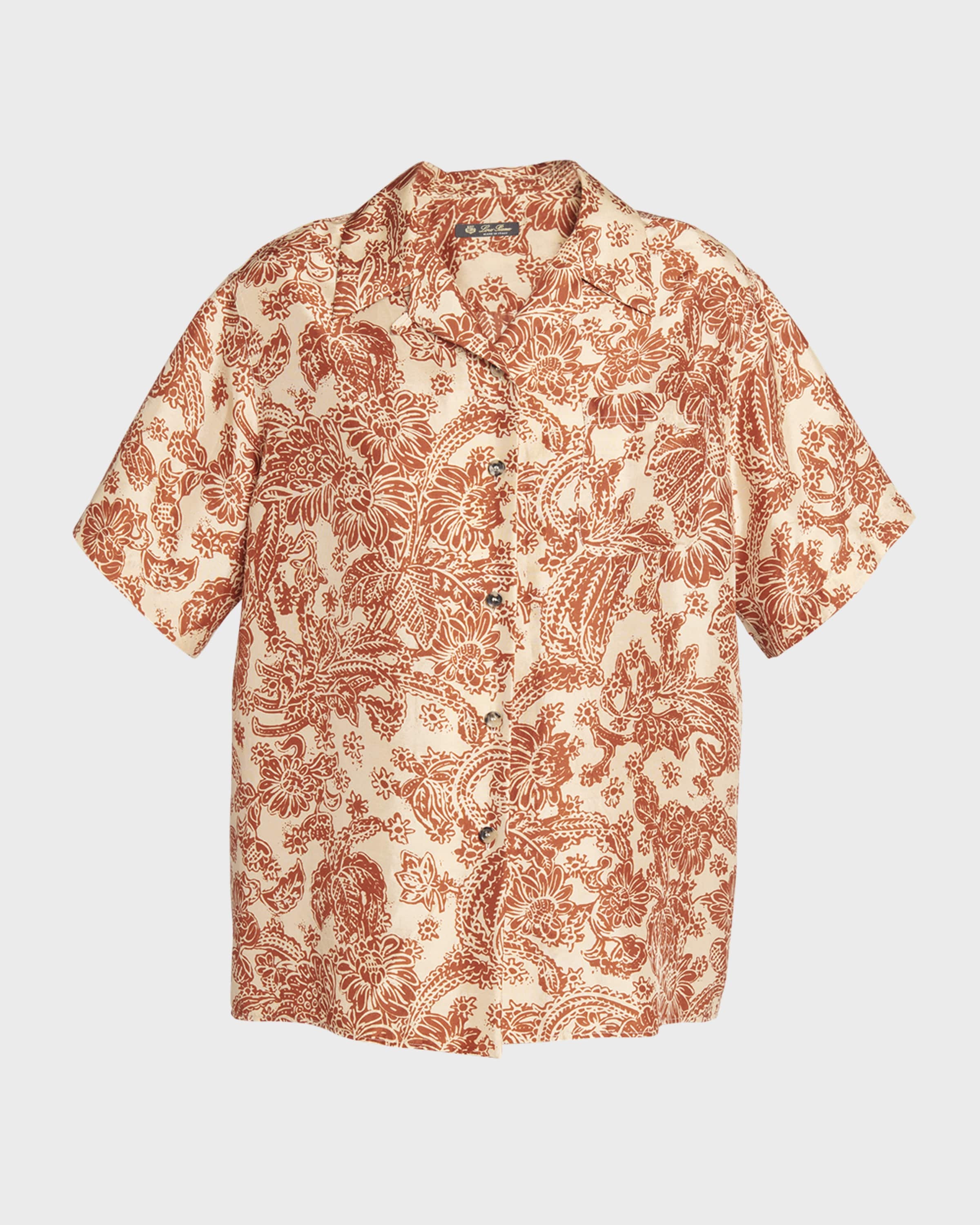 Isoble Woodblock Botanic-Print Silk Short-Sleeve Shirt - 1