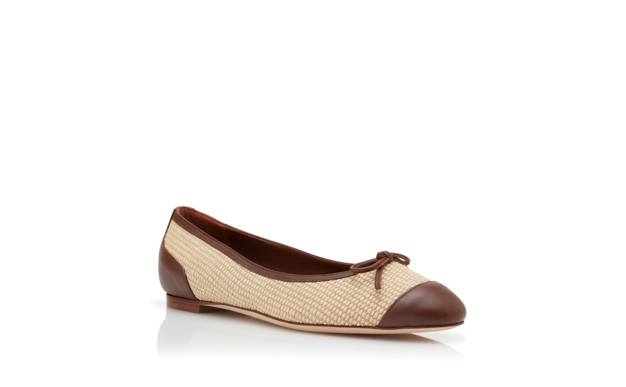 Cream and Brown Raffia Ballerina Flats - 3