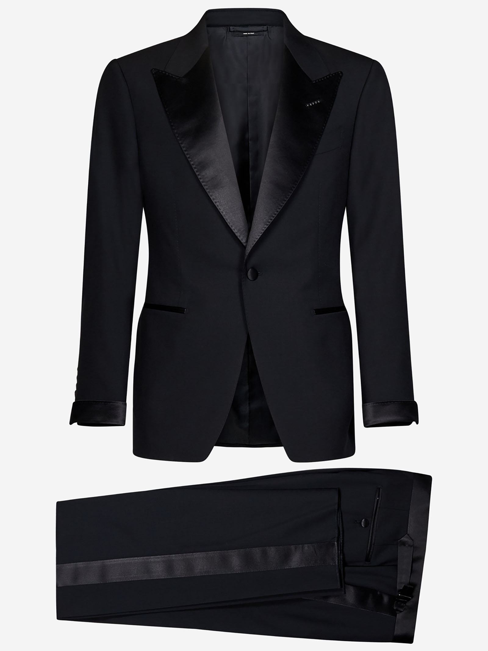 Black wool and silk satin 'Shelton' suit with single-breasted blazer and tailored trousers. - 1
