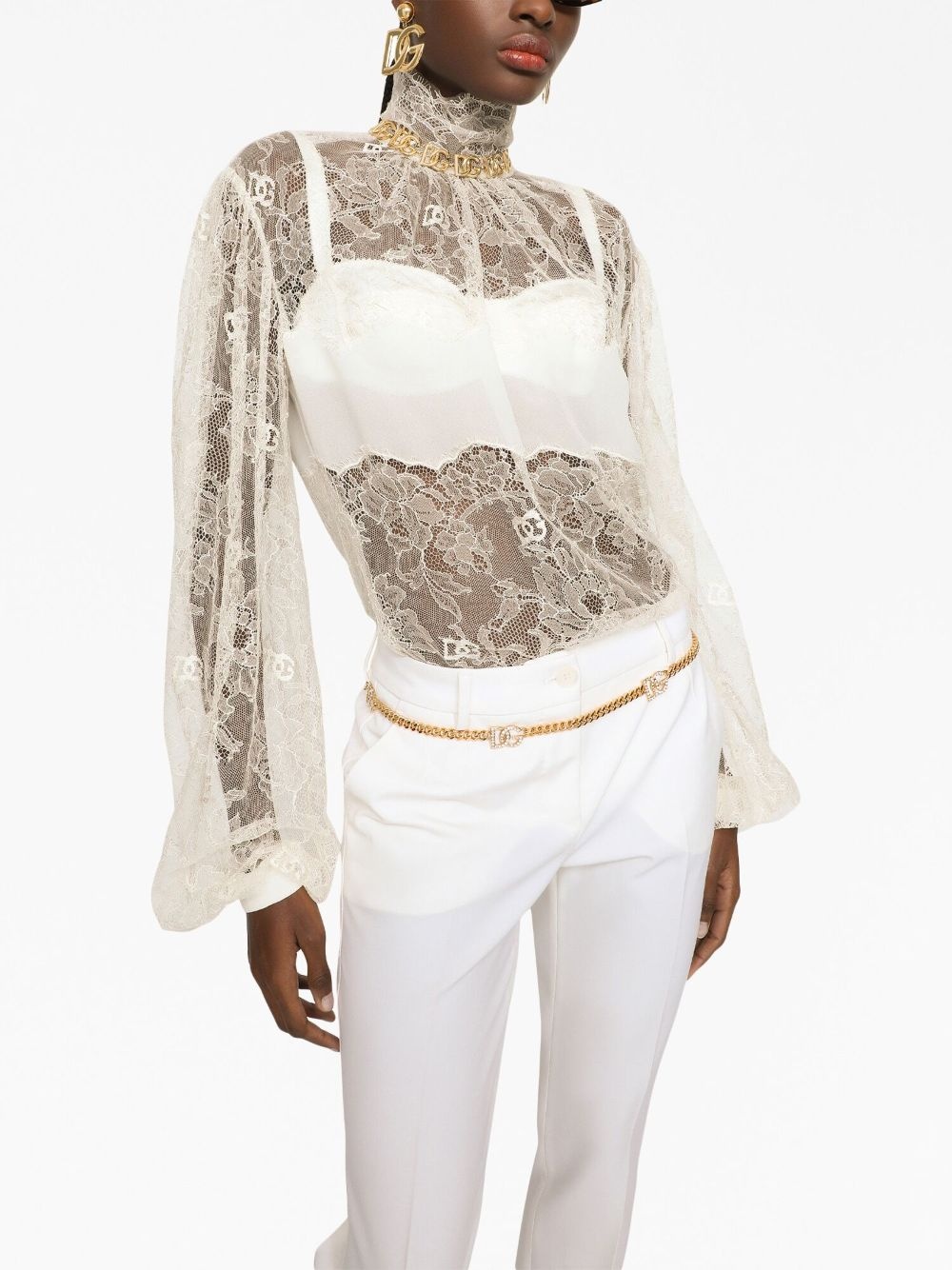 sheer-lace high-neck bouse - 5