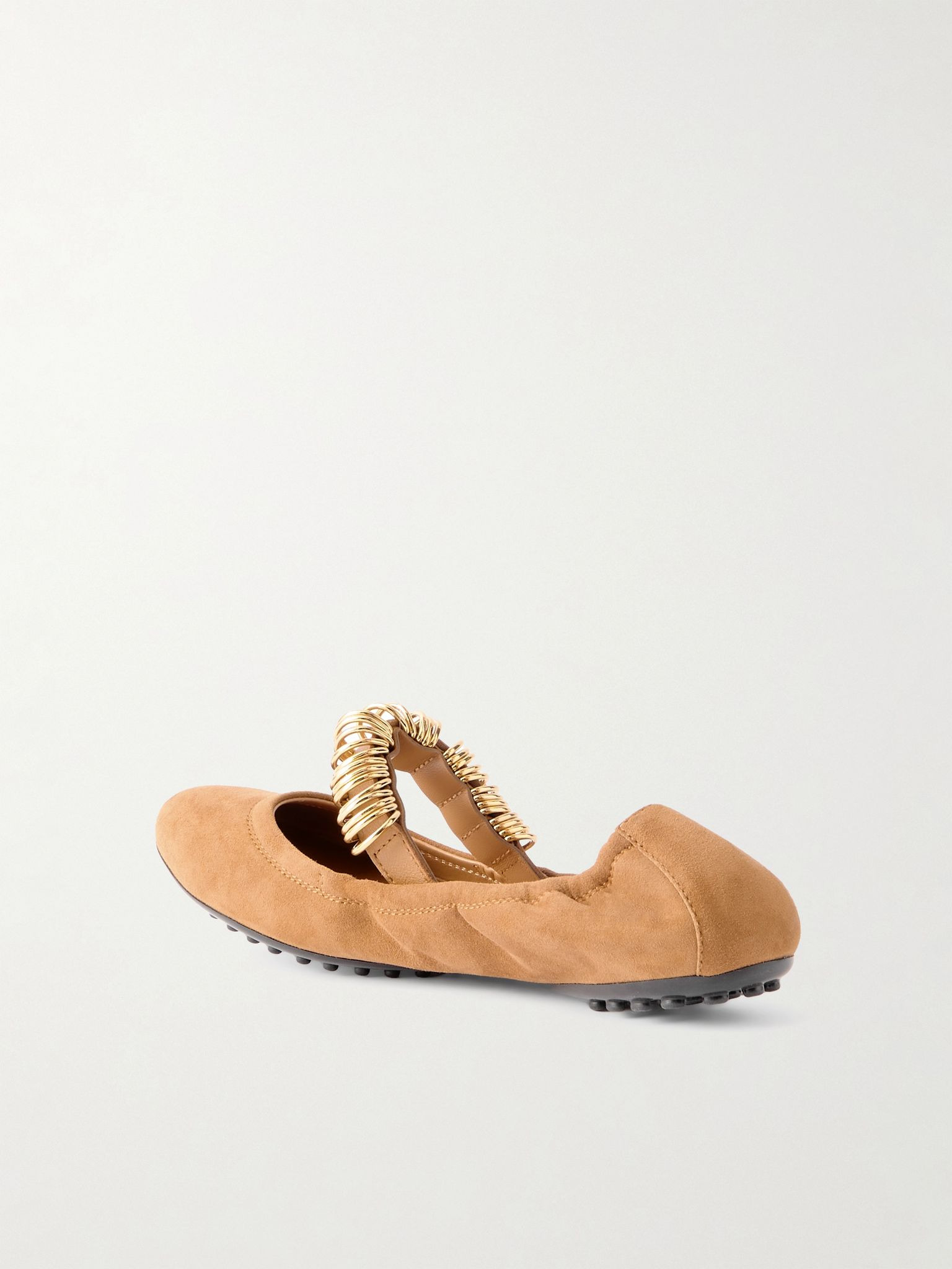 Ballerina embellished leather-trimmed suede flats Tan - 3