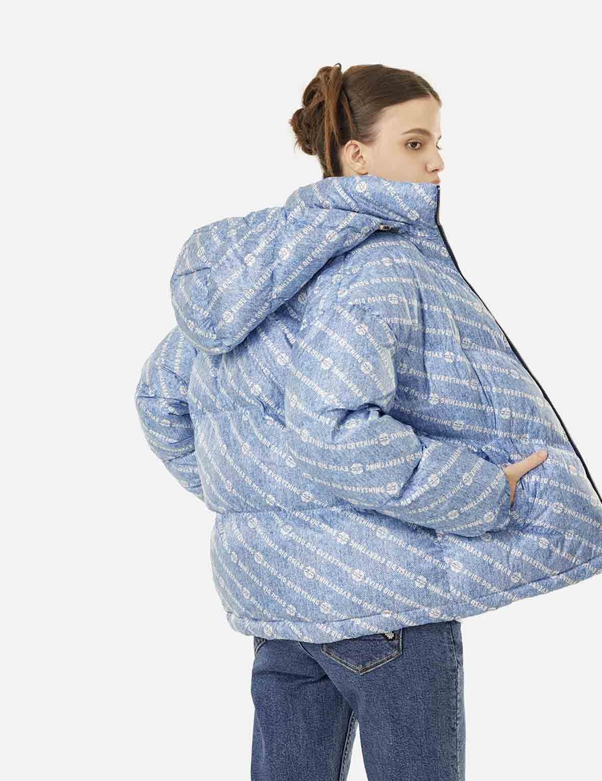 Allover Slogan and Kamon Print Fashion Fit Down Jacket with Detachable Hood - 6