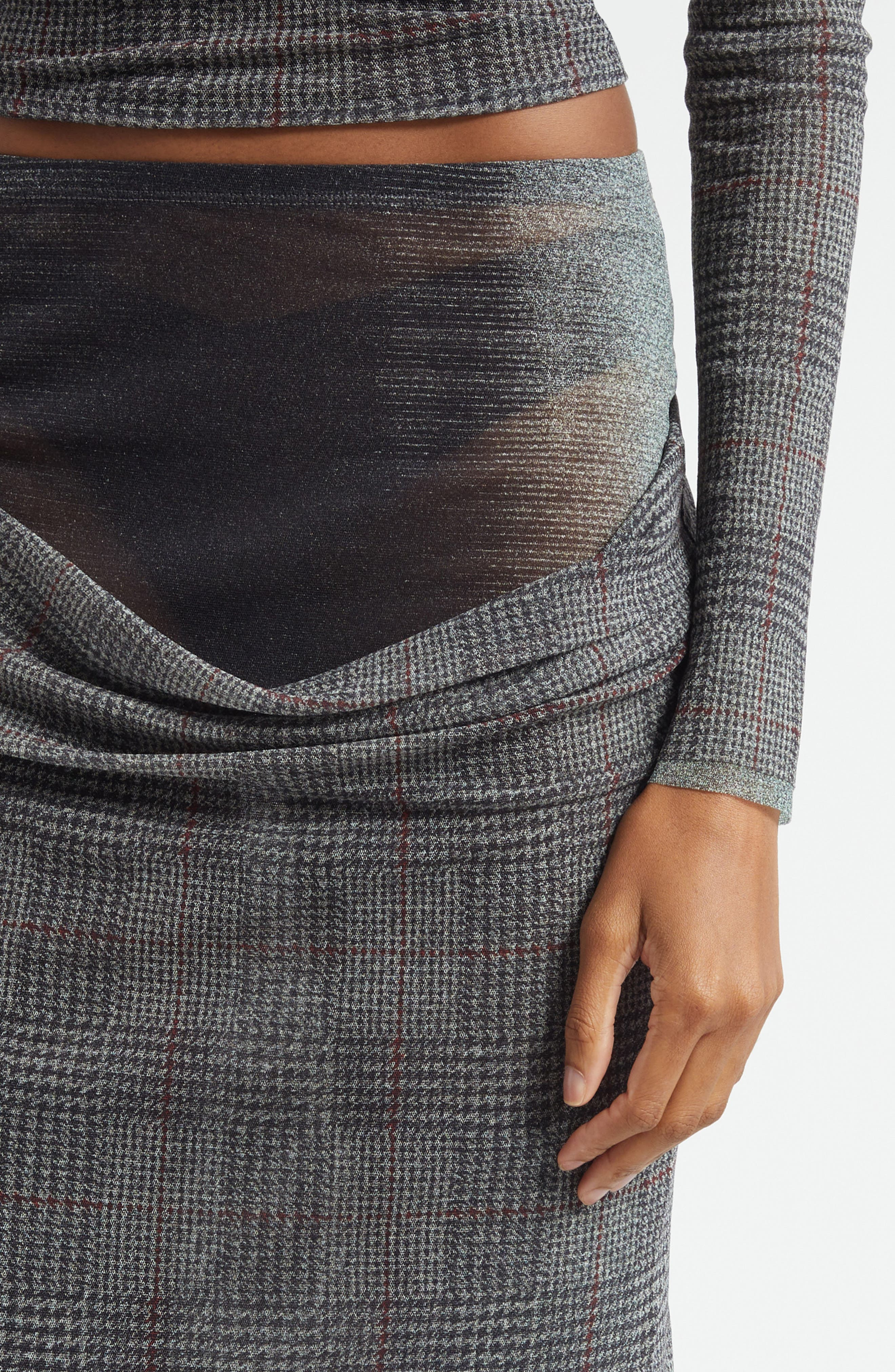 Jean Paul Gaultier Double Layer Prince of Wales Print Mesh Midi Skirt in Light Grey/Vanilla/Red at N - 5