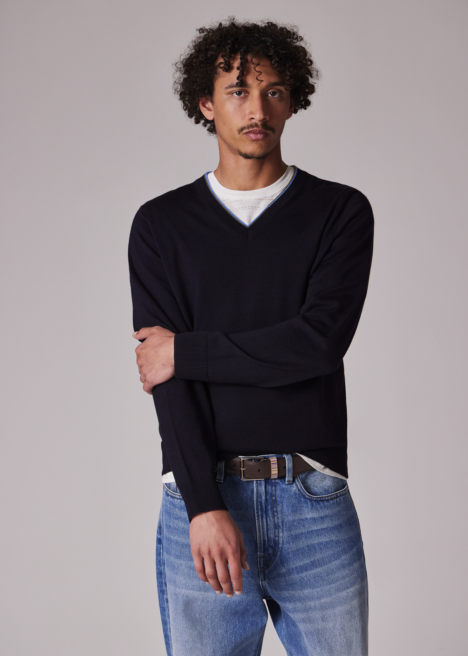 Navy Merino V-Neck Sweater - 6