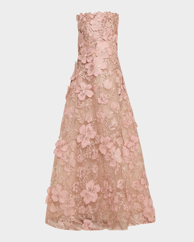 Strapless Metallic Floral Embroidered Tulle A-Line Gown 1