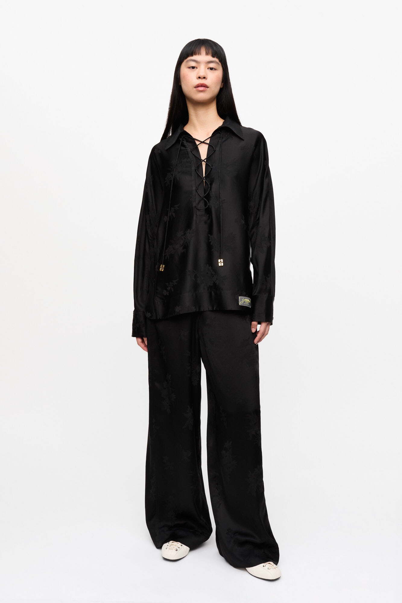 BLACK SATIN JACQUARD TIE STRING SHIRT - 4