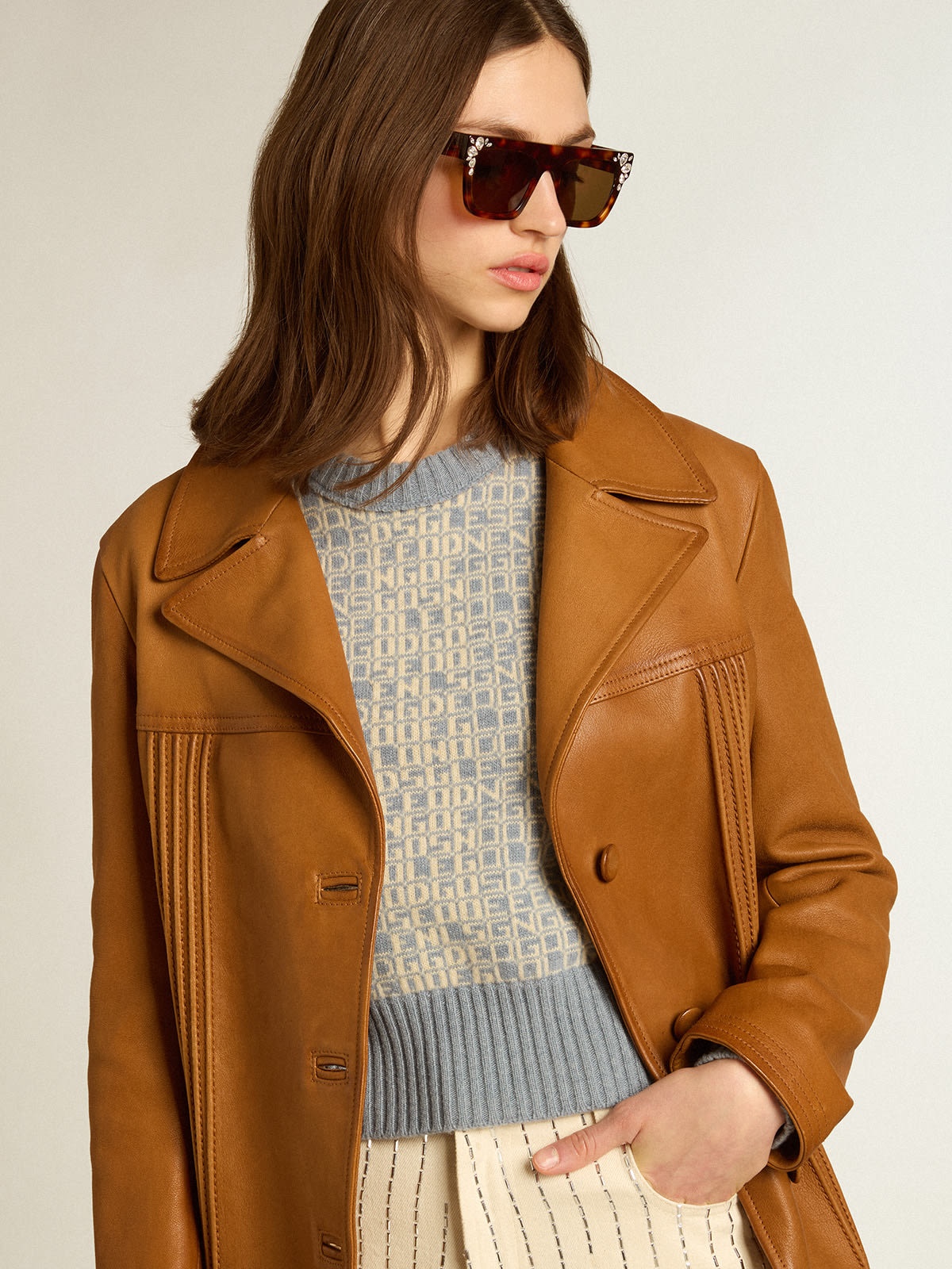 Cropped round-neck sweater with light blue jacquard lettering motif - 2