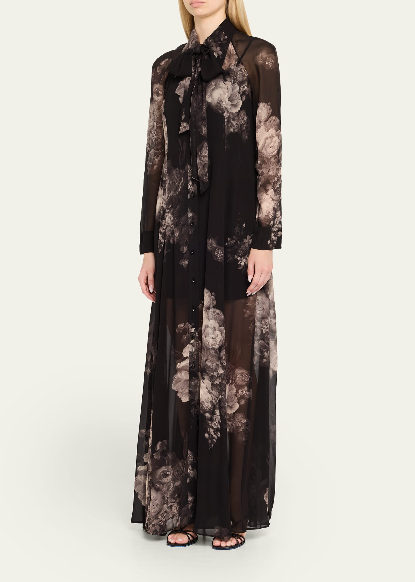 Long-Sleeve Floral Shirtdress with Bow - 4