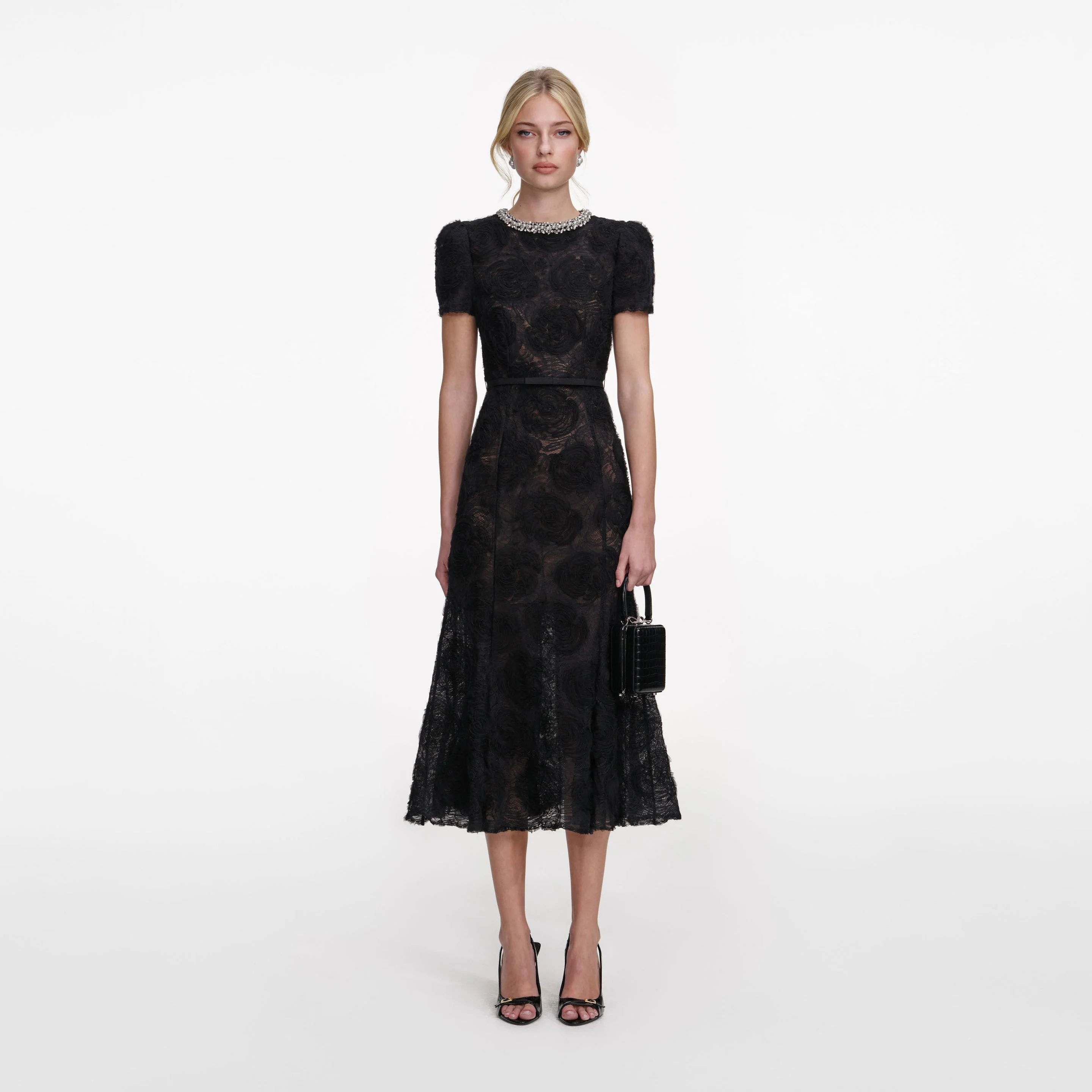 Black Tulle Lace Midi Dress - 1