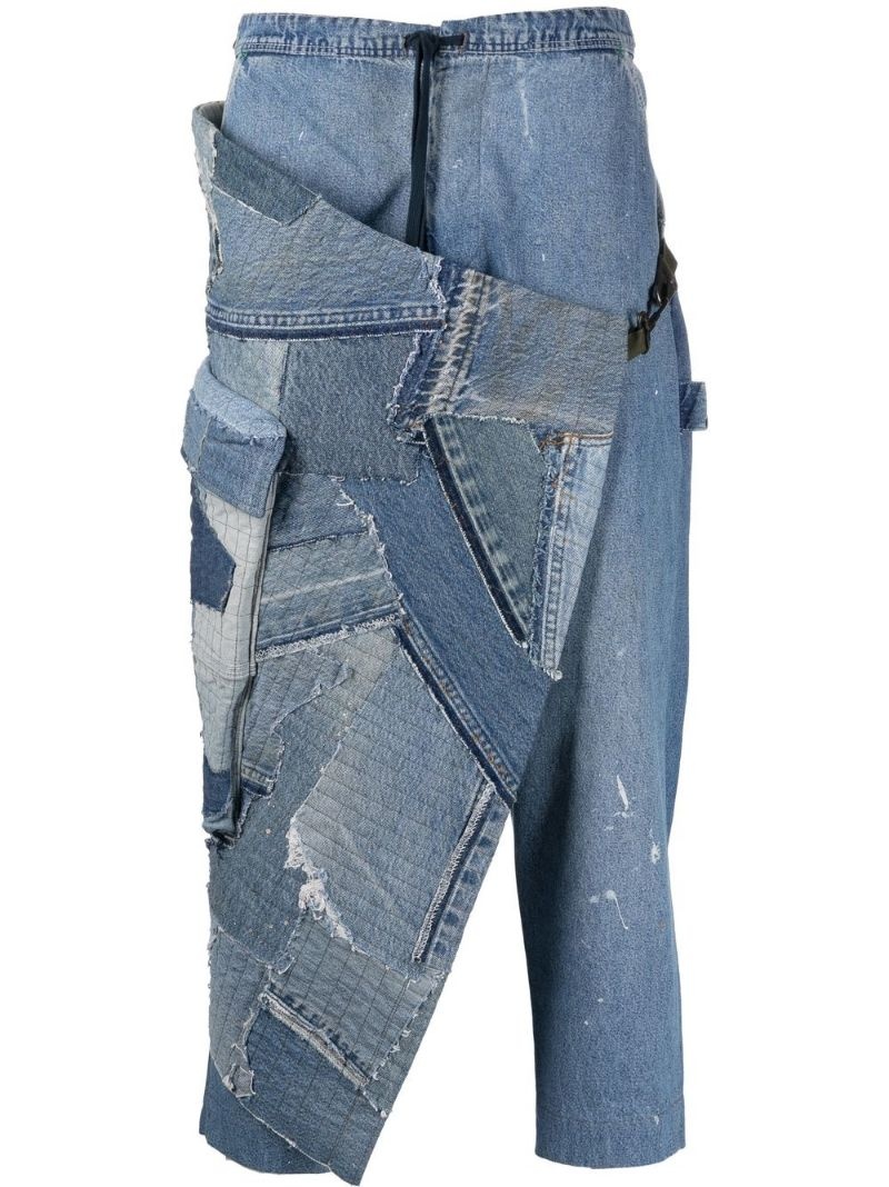 patchwork drawstring-waist tapered jeans - 1