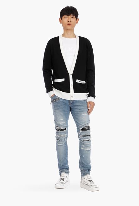 Black and white wool cardigan with small embroidered black Balmain logo - 2