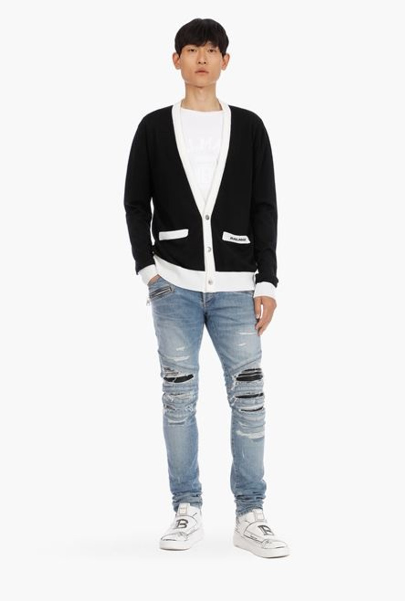 Balmain Black and white wool cardigan with small embroidered black Balmain logo outlook