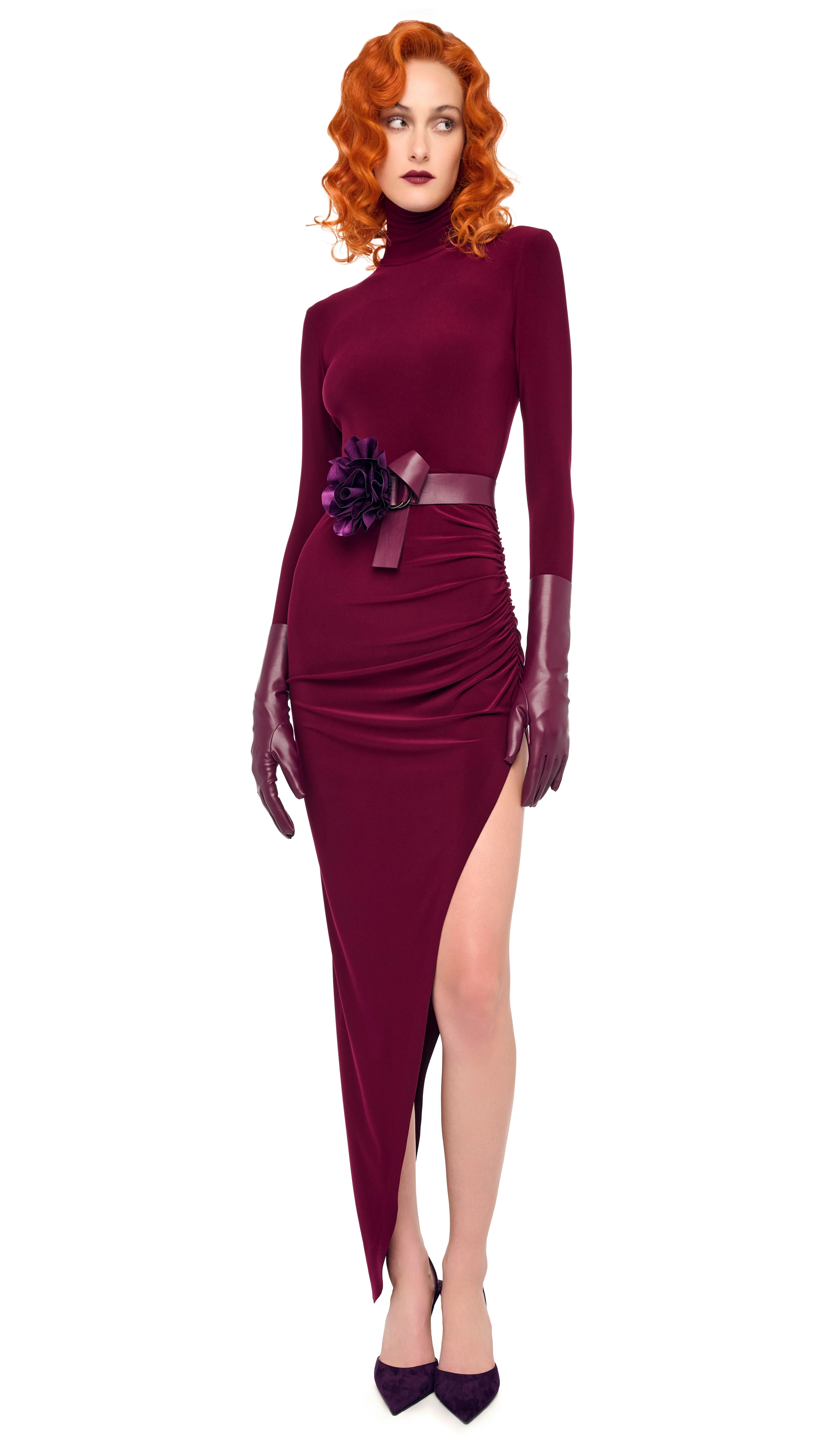 LONG SLEEVE TURTLE NECK SIDE DRAPE GOWN - 1