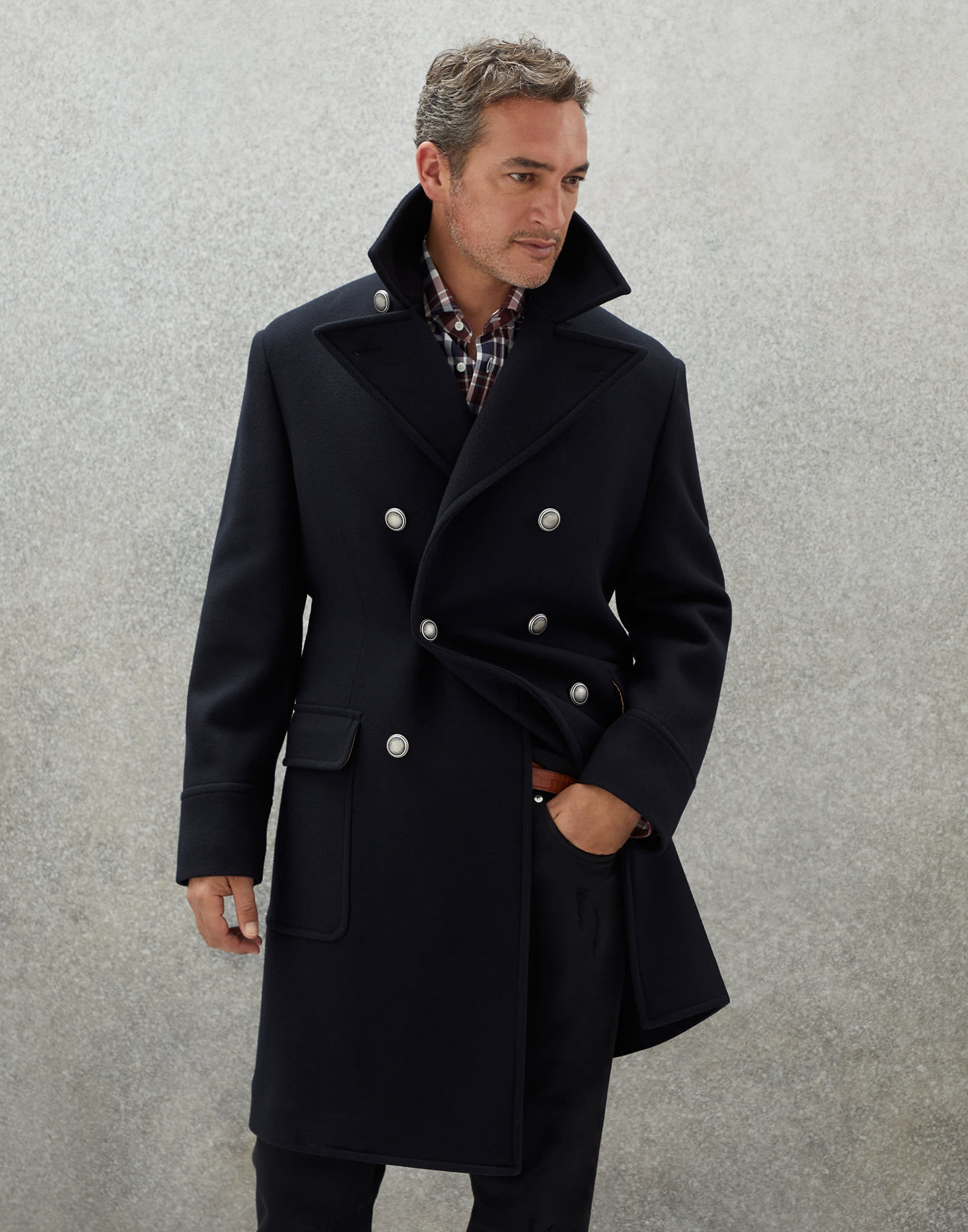 Virgin wool and cashmere double cloth one-and-a-half breasted coat with metal buttons - 1