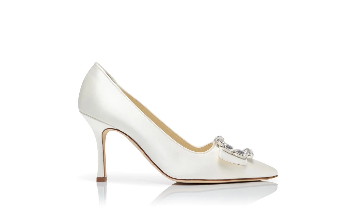Cream Satin Crystal Buckle Pumps - 1