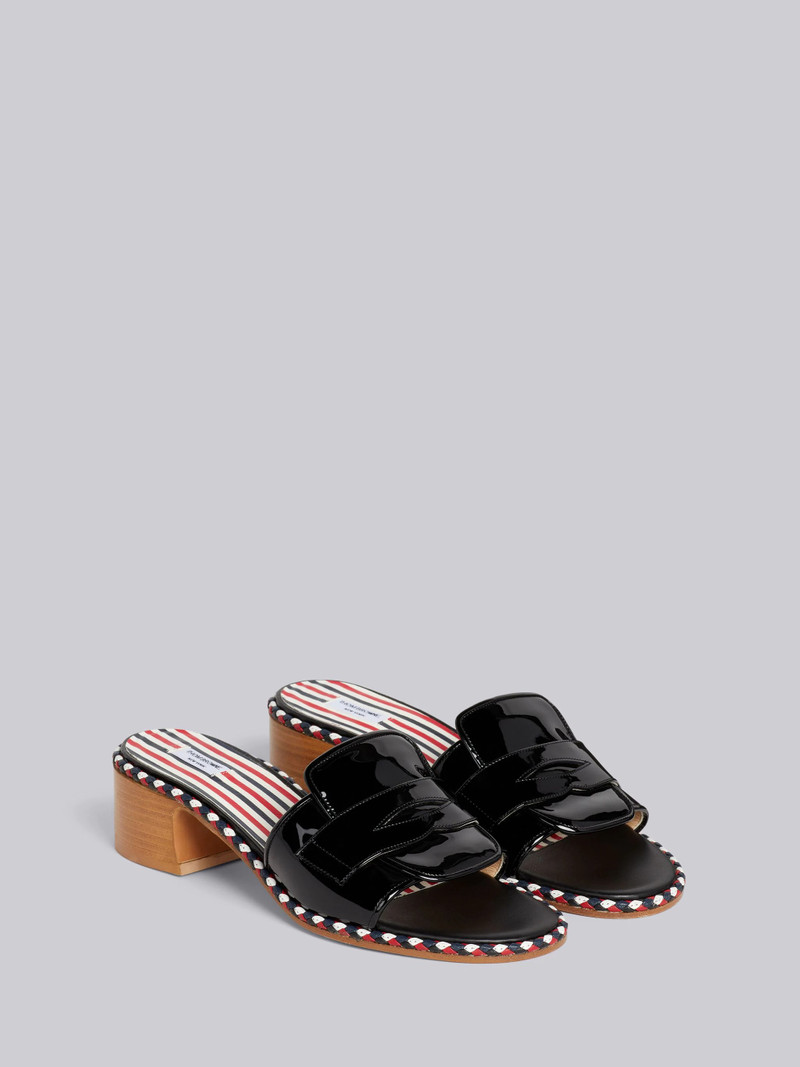 Black Soft Patent Leather Stripe Cord Trimmed Leather Sole 40mm Block Heel Chic Loafer Sandal 3