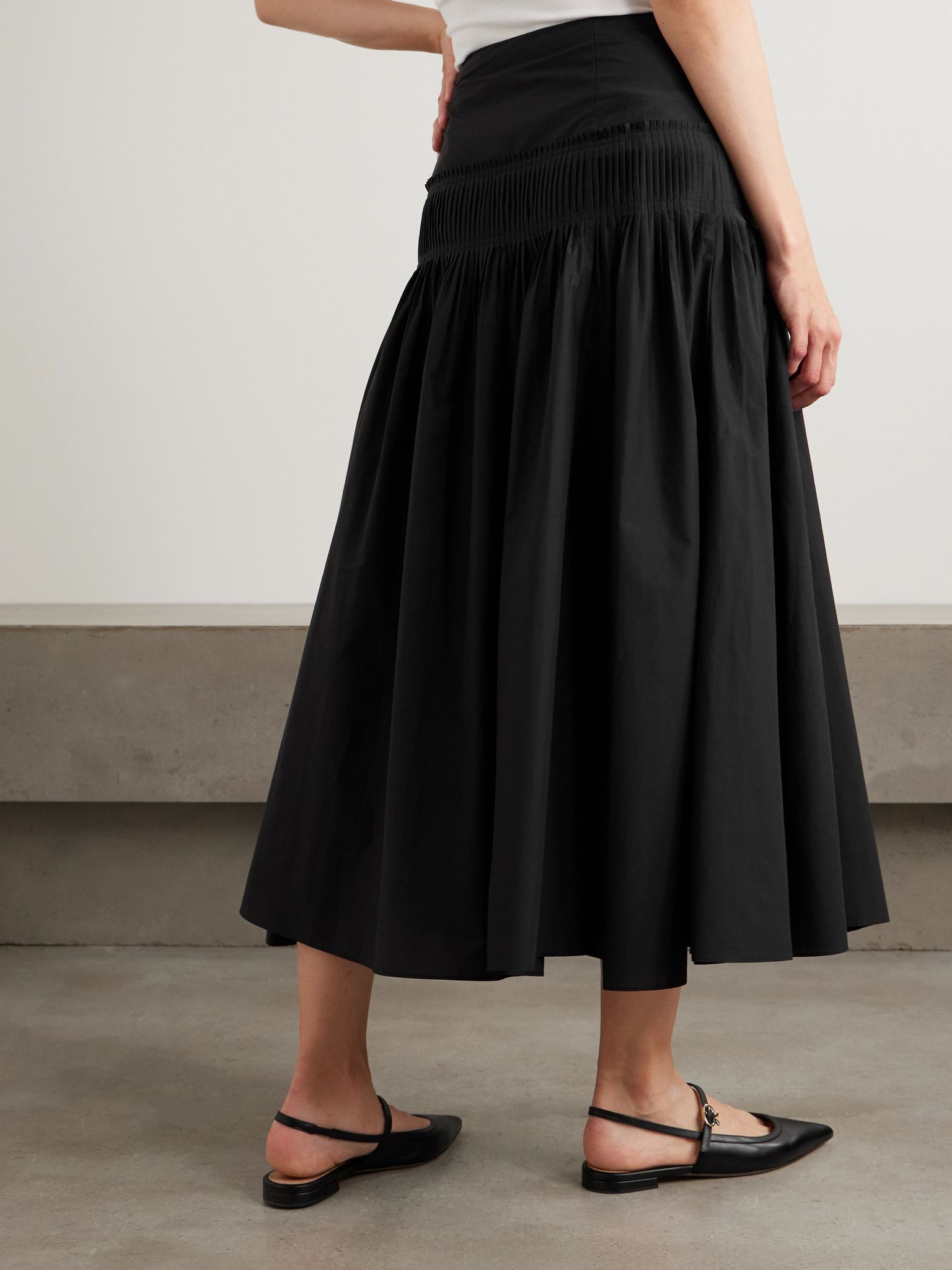 Pintucked pleated cotton-blend poplin maxi skirt Black - 4