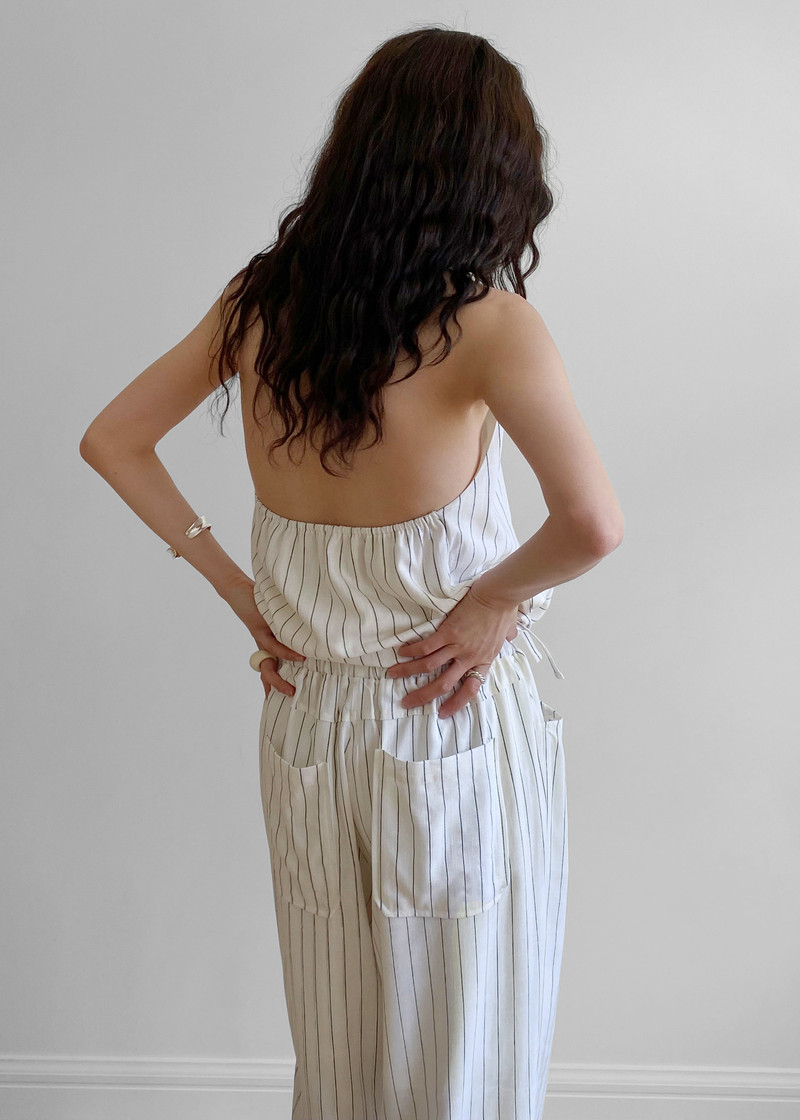 Branton Drawstring Halter Top - White/Black Pinstripe 7