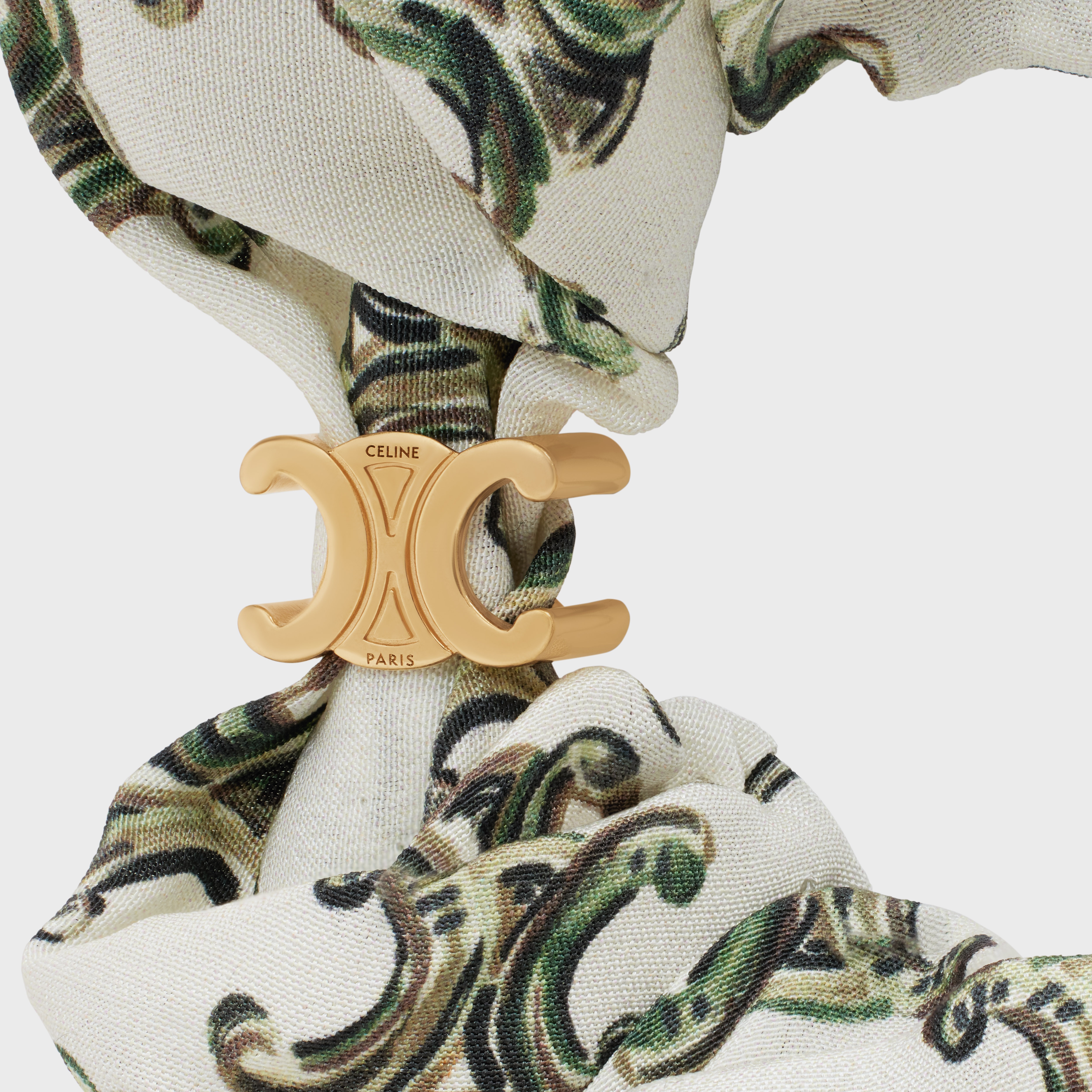 Scrunchy Celine Triomphe Camo Bracelet in Brass with Gold Finish and White Silk - 2