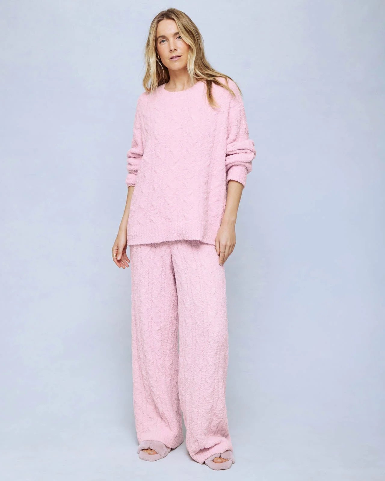 Ballet Slipper Fuzzy Cable Knit Sweater Wide Leg PJ Set - 1