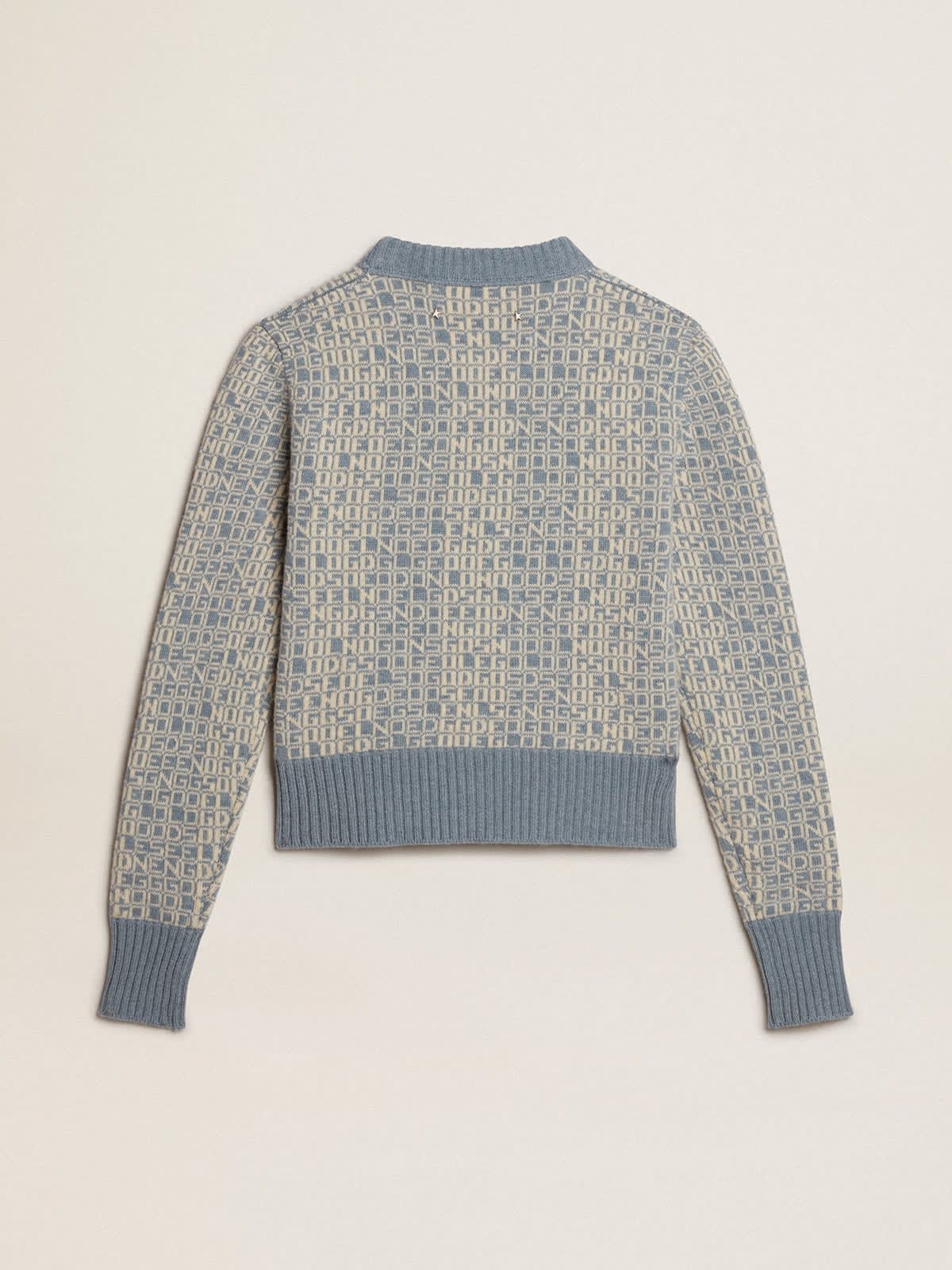 Cropped round-neck sweater with light blue jacquard lettering motif - 6
