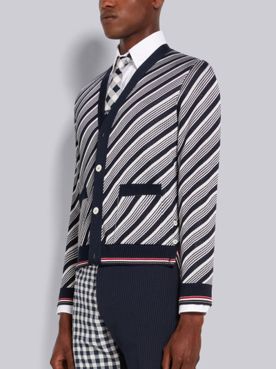 Thom Browne Navy Cotton Silk Stripe Tipping V-Neck Cardigan outlook