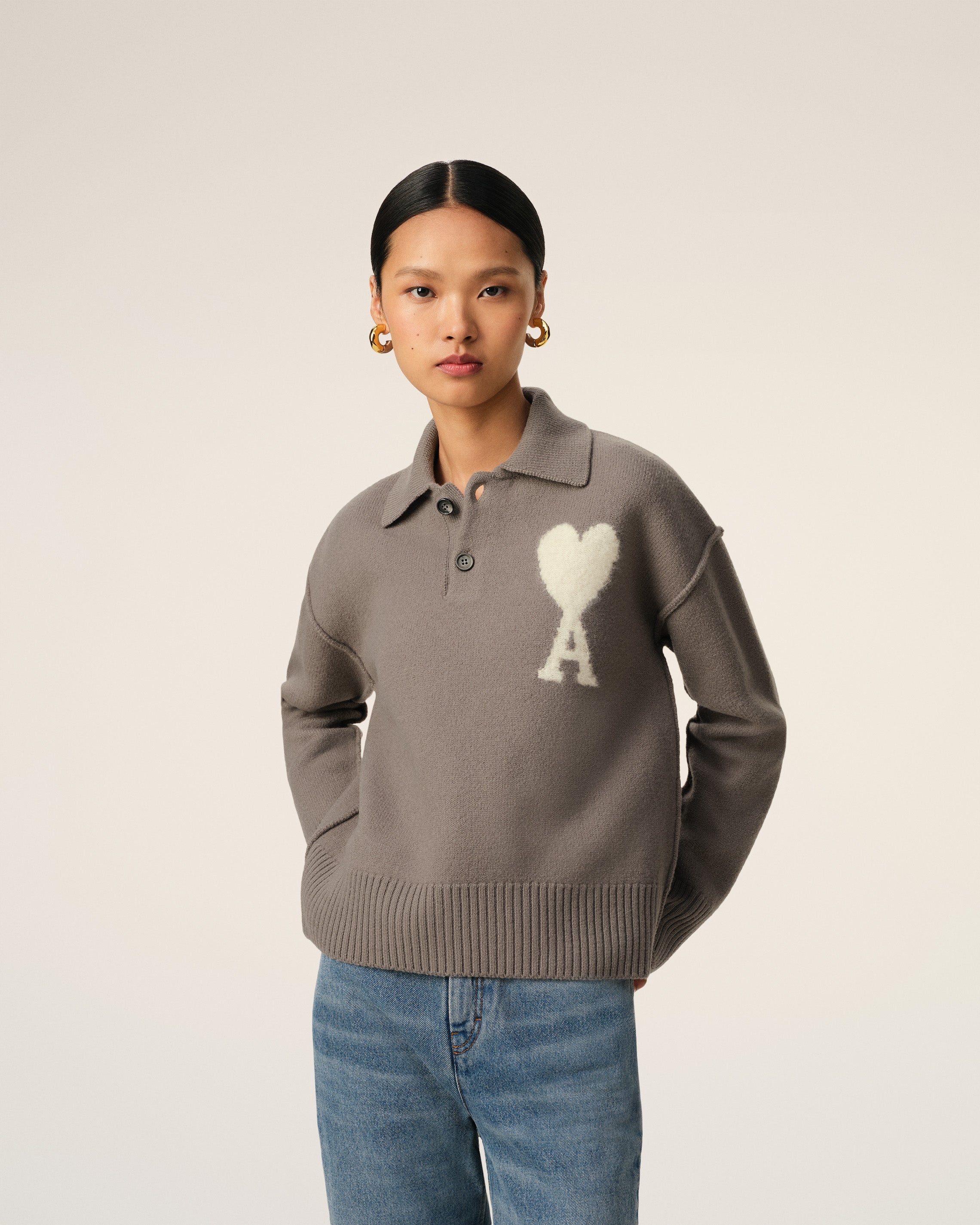 AMI Paris TAUPE WOOL AMI DE COEUR POLO | REVERSIBLE