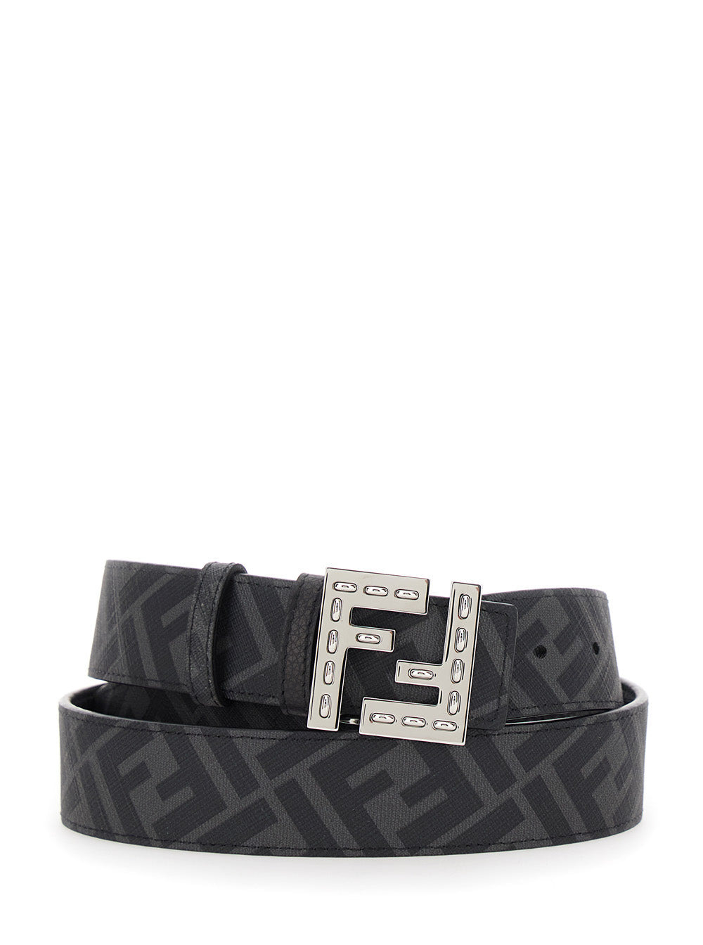 Fendi Men Black Belt With Metallic Ff Logo Plate On The Front And Ff Interior Motif In Hammered Leat - 4
