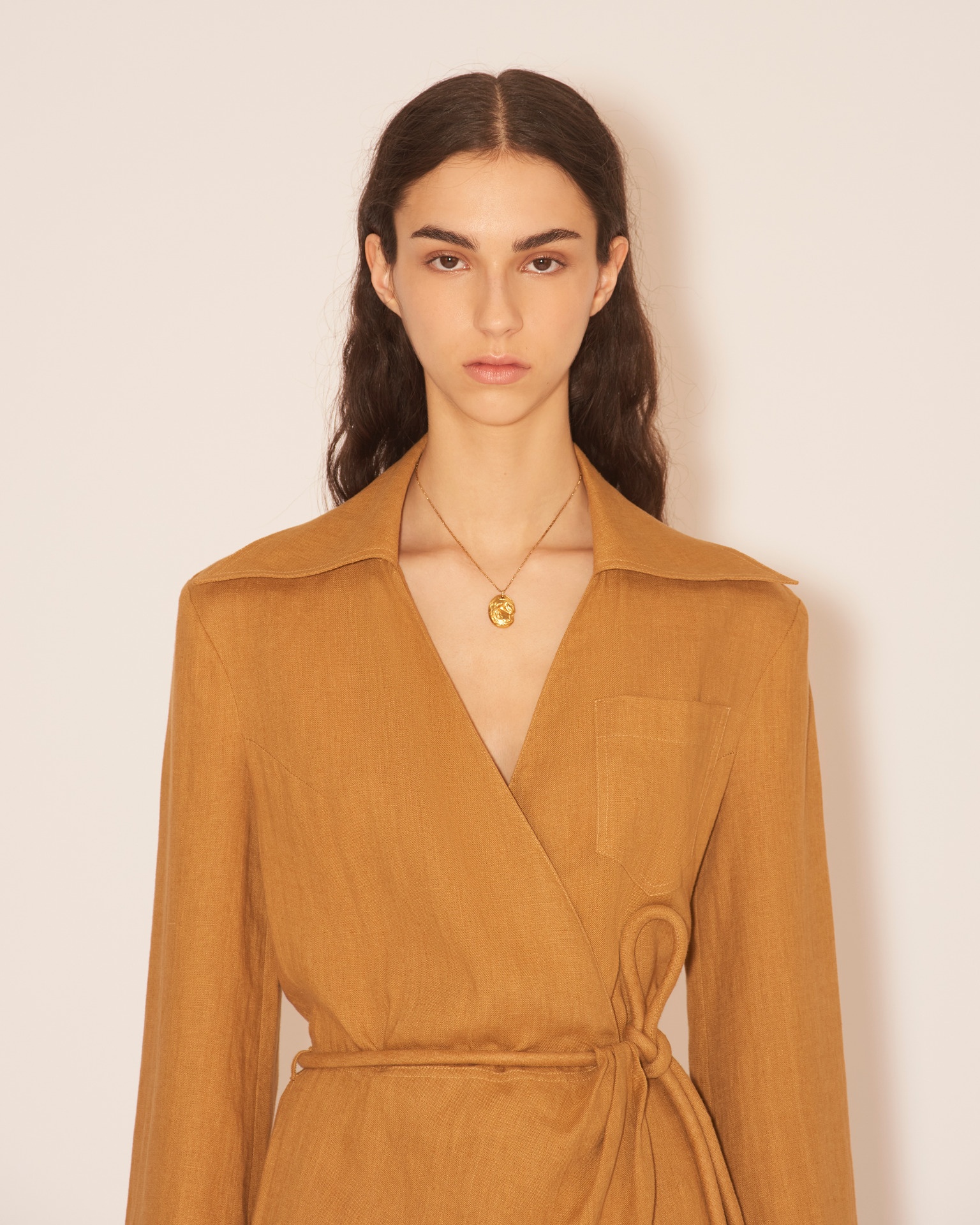 FARAH - Midi wrap dress with straight skirt silhouette - Camel - 6