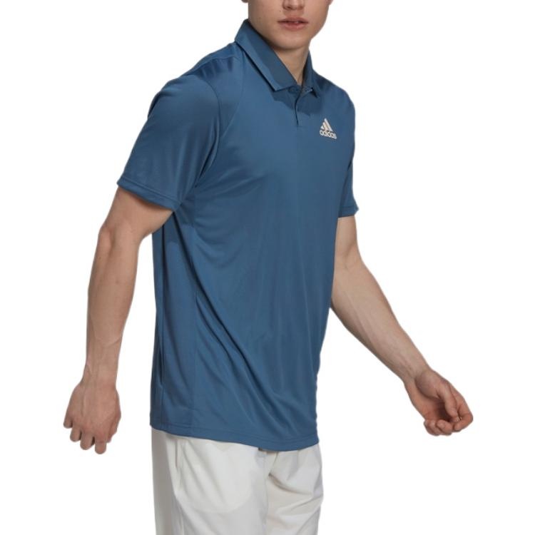 Men's adidas Solid Color Logo Printing Short Sleeve Blue Polo Shirt HN3911 - 3