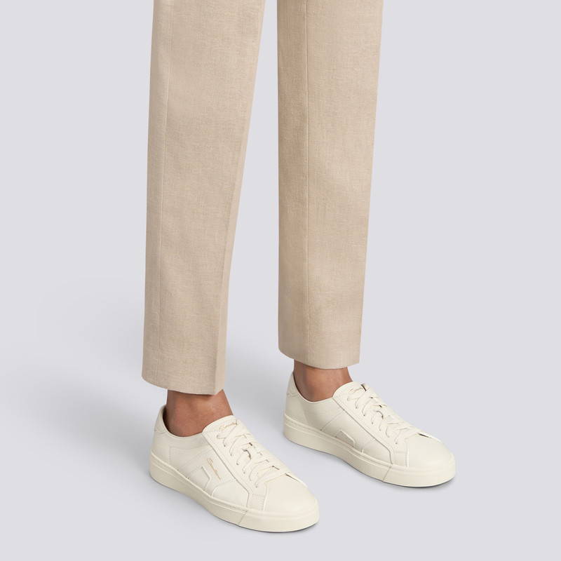 Santoni Women's white tumbled leather Double Buckle Sneaker outlook