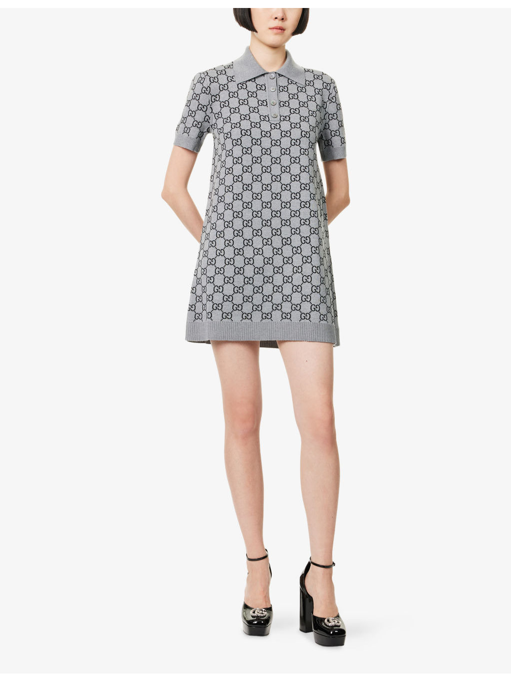 Monogram V-Neck Knitted Wool Polo Dress - 2
