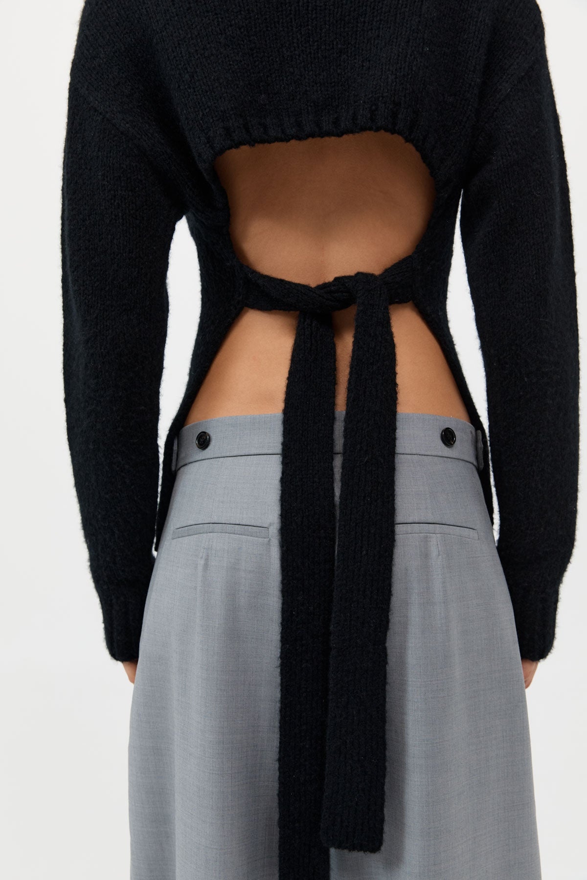 Wool Cashmere Blend Tie Back Jumper - Black - 5
