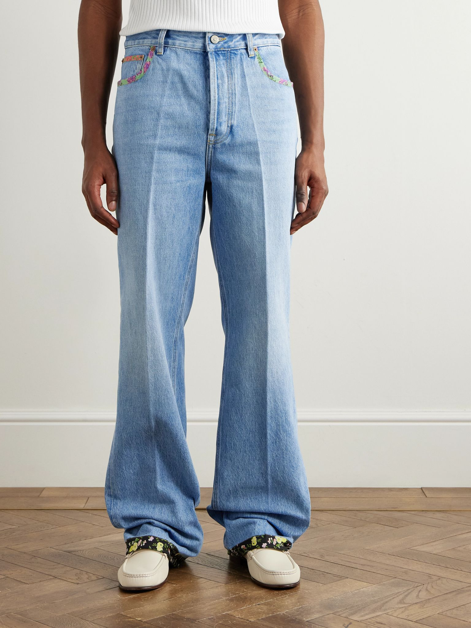 Straight-Leg Floral-Trimmed Jeans Blue - 3