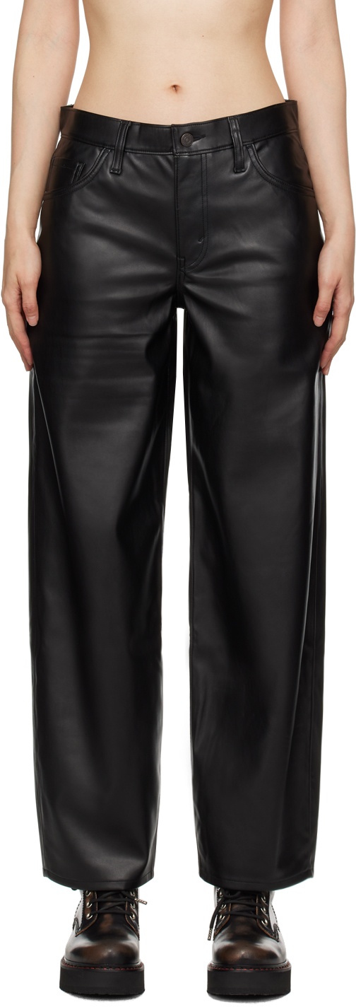 Black Baggy Dad Faux-Leather Trousers - 2