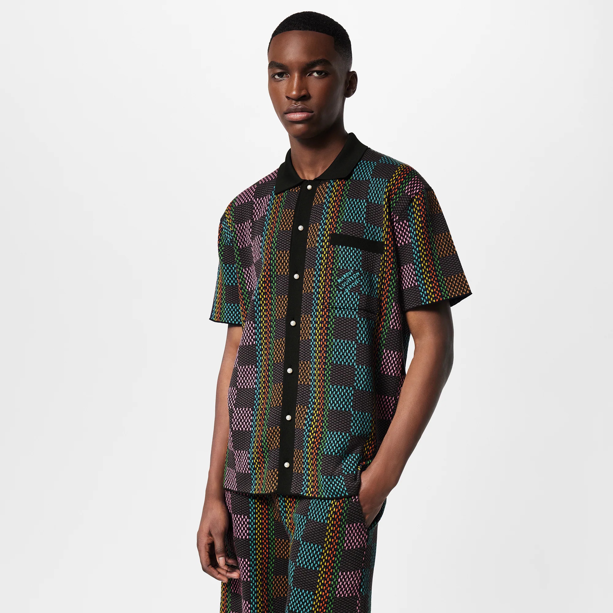 Damier Short-Sleeved Cotton Knit Shirt - 2
