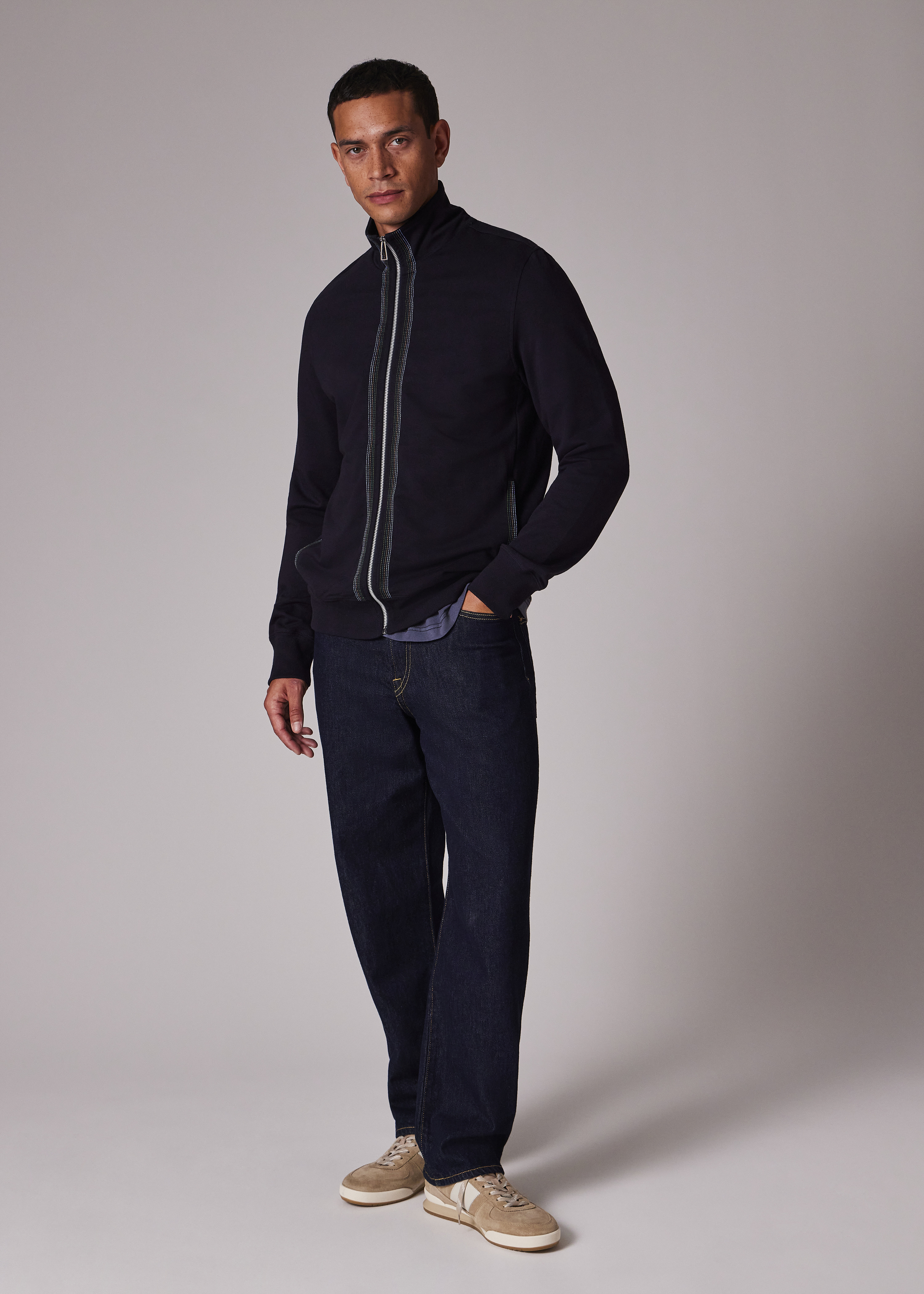 Navy Cotton-Blend Zip Sweatshirt with Contrast Placket Trim - 6