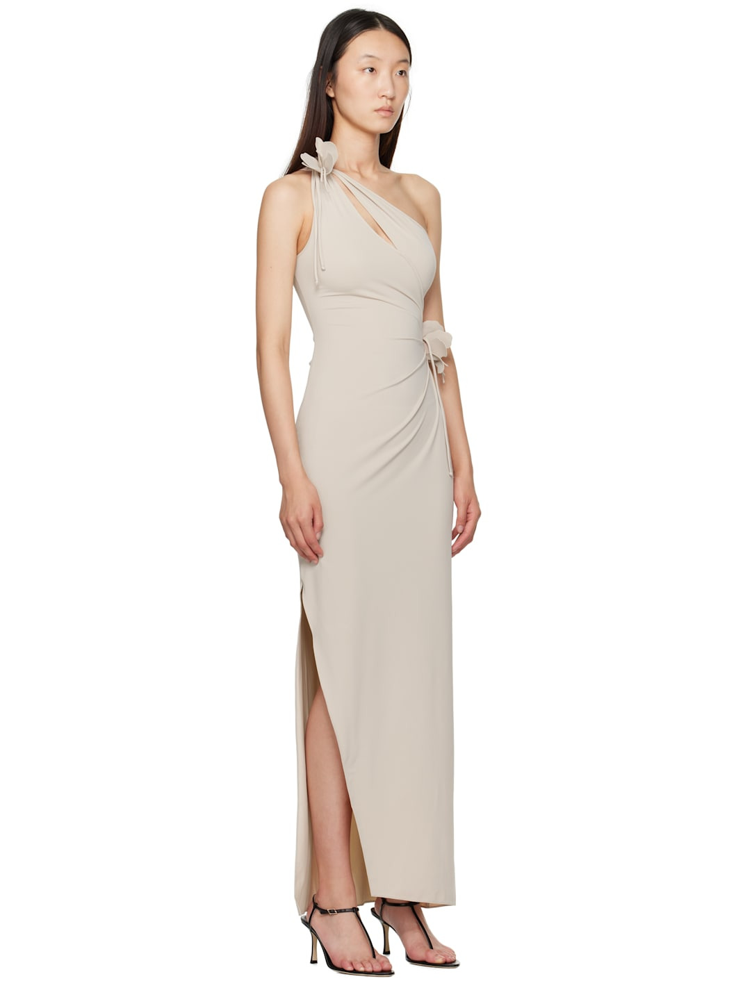 Beige Asymmetric Flower Maxi Dress - 2