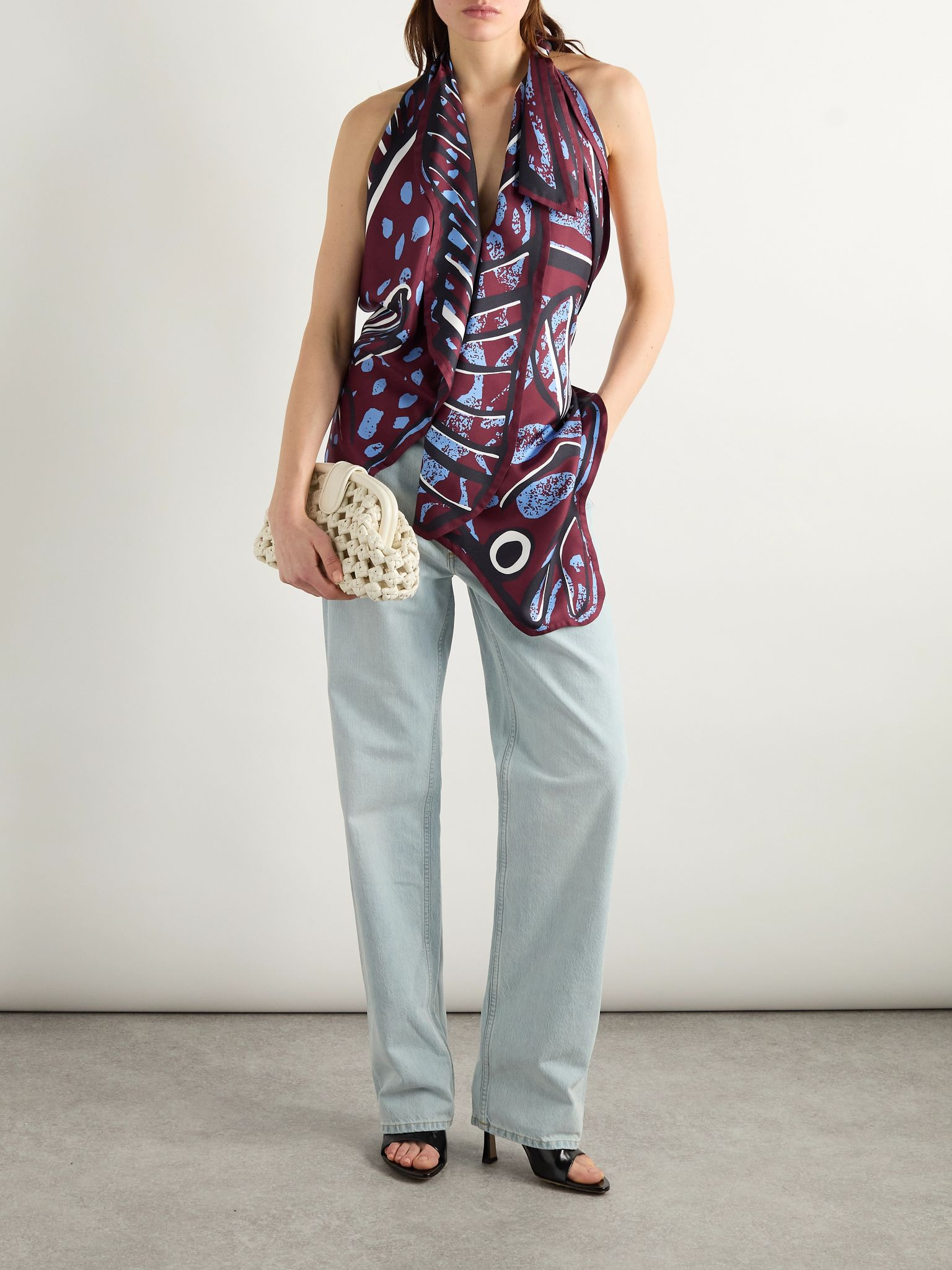 Open-back printed silk-twill halterneck top Plum - 2