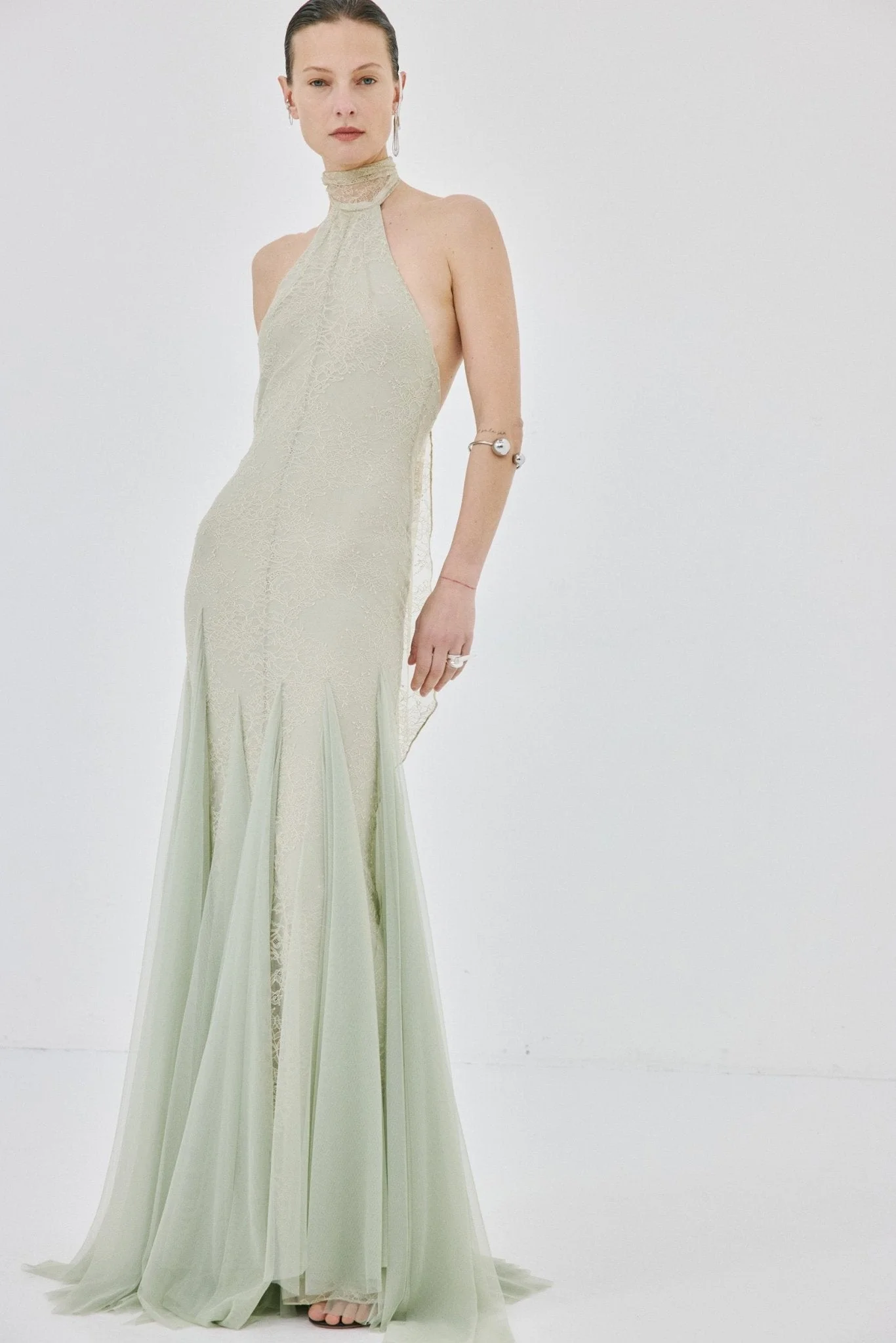 ELOWEN MAXI DRESS IN STONE BEIGE AND SAGE GREEN FINE LACE - 1