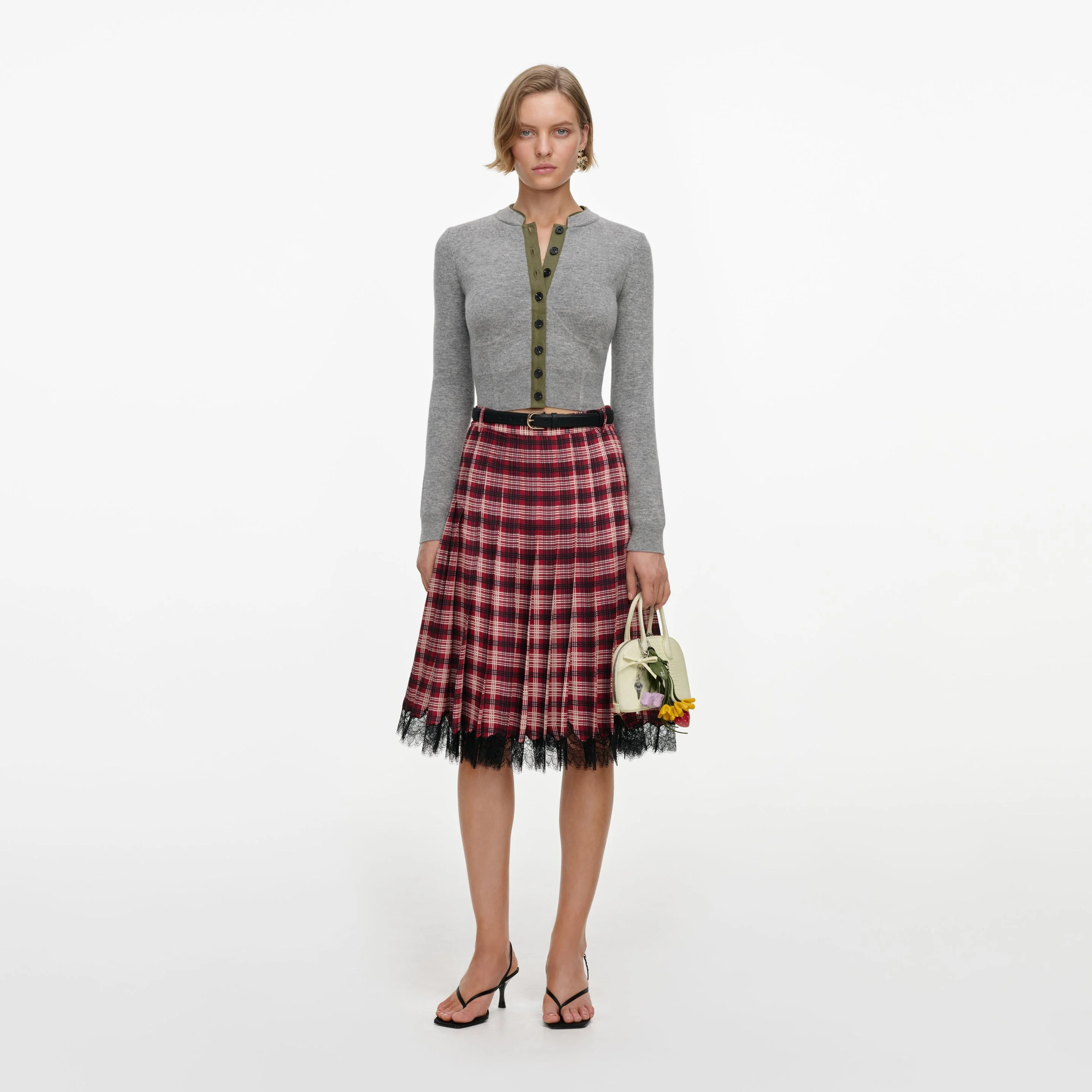 Burgundy Check Chiffon Midi Skirt - 1