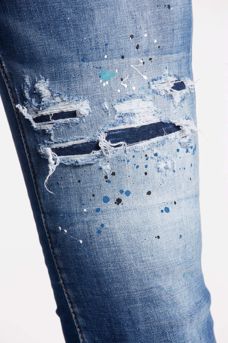 BLUE AND WHITE SPOTS WASH HIGH WAIST BELL BOTTOM JEANS - 5