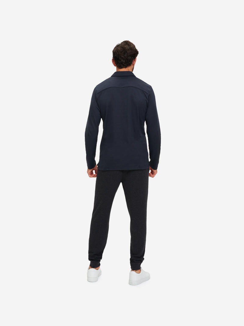 Men's Long Sleeve Polo Shirt Ramsay Pique Cotton Tencel Navy - 5