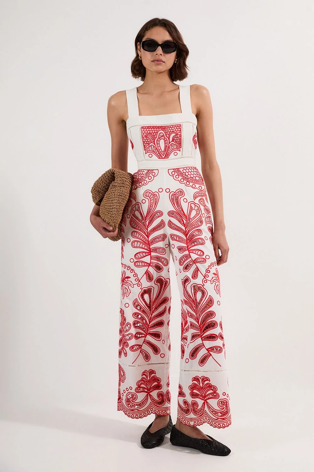 Cutwork Embroidered Wide Leg Woven Jumpsuit - 1