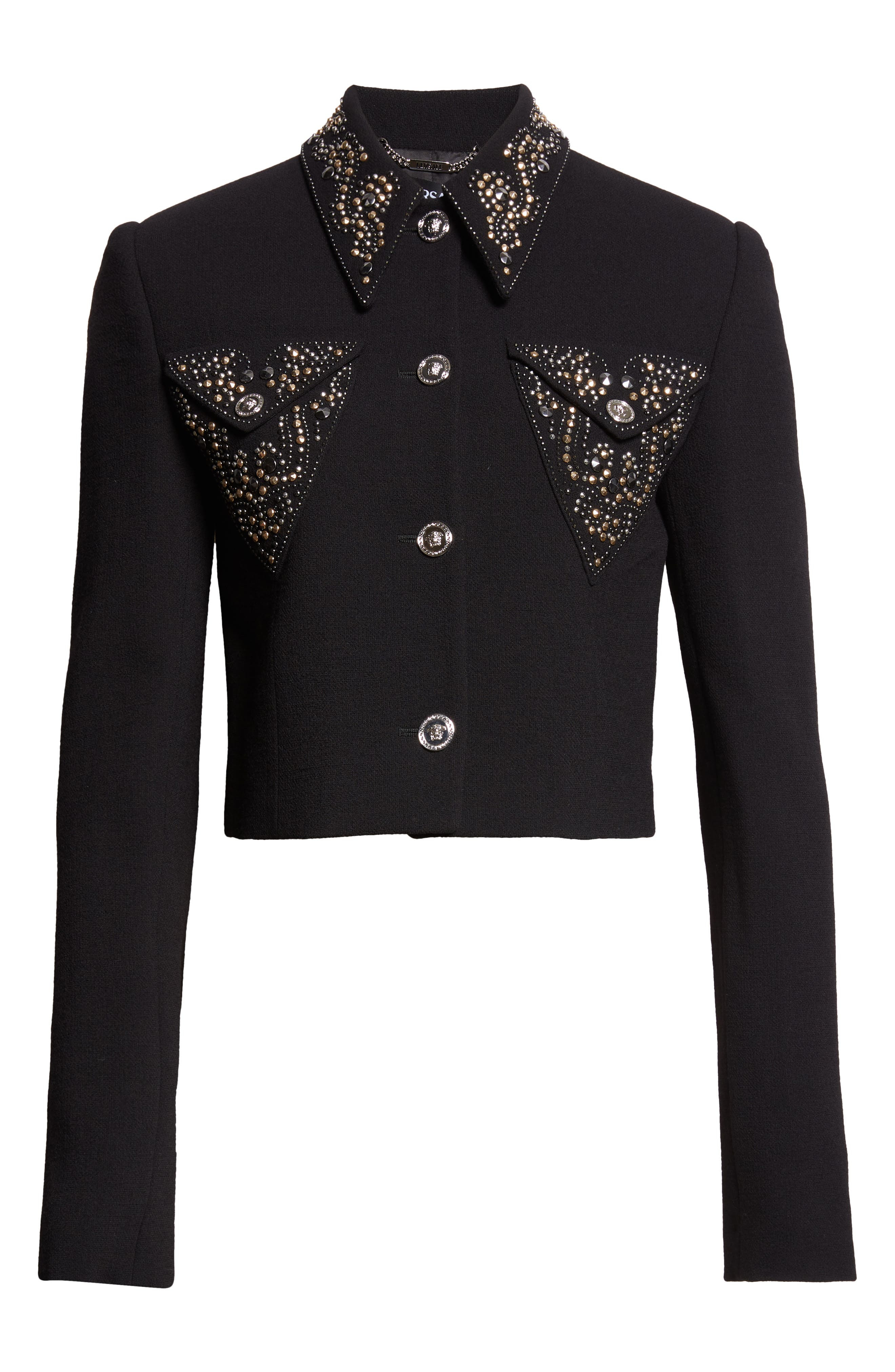 Versace Embellished Wool Blend Crepe Crop Jacket in Black at Nordstrom - 7