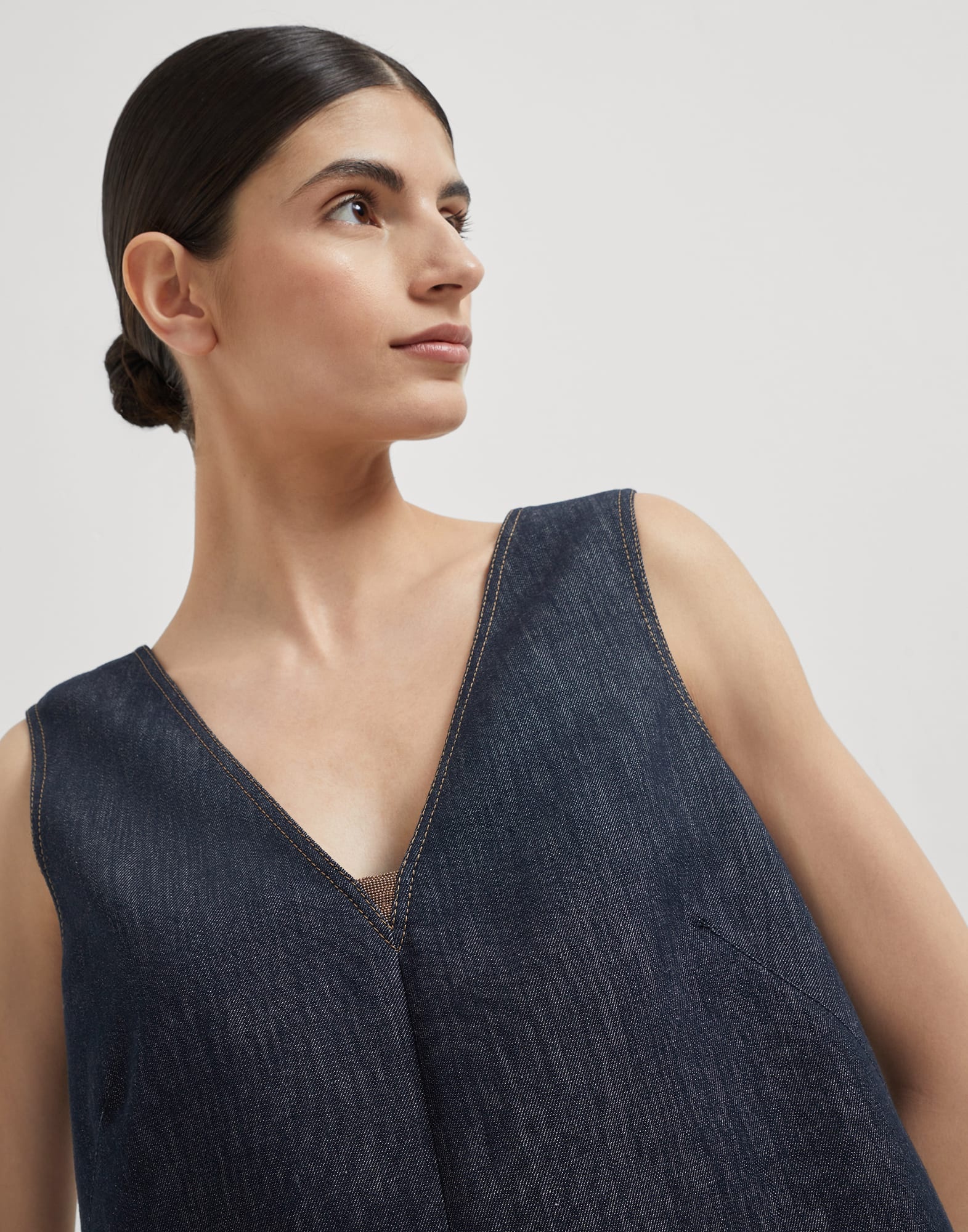Cotton denim-effect twill mini dress with monili - 3